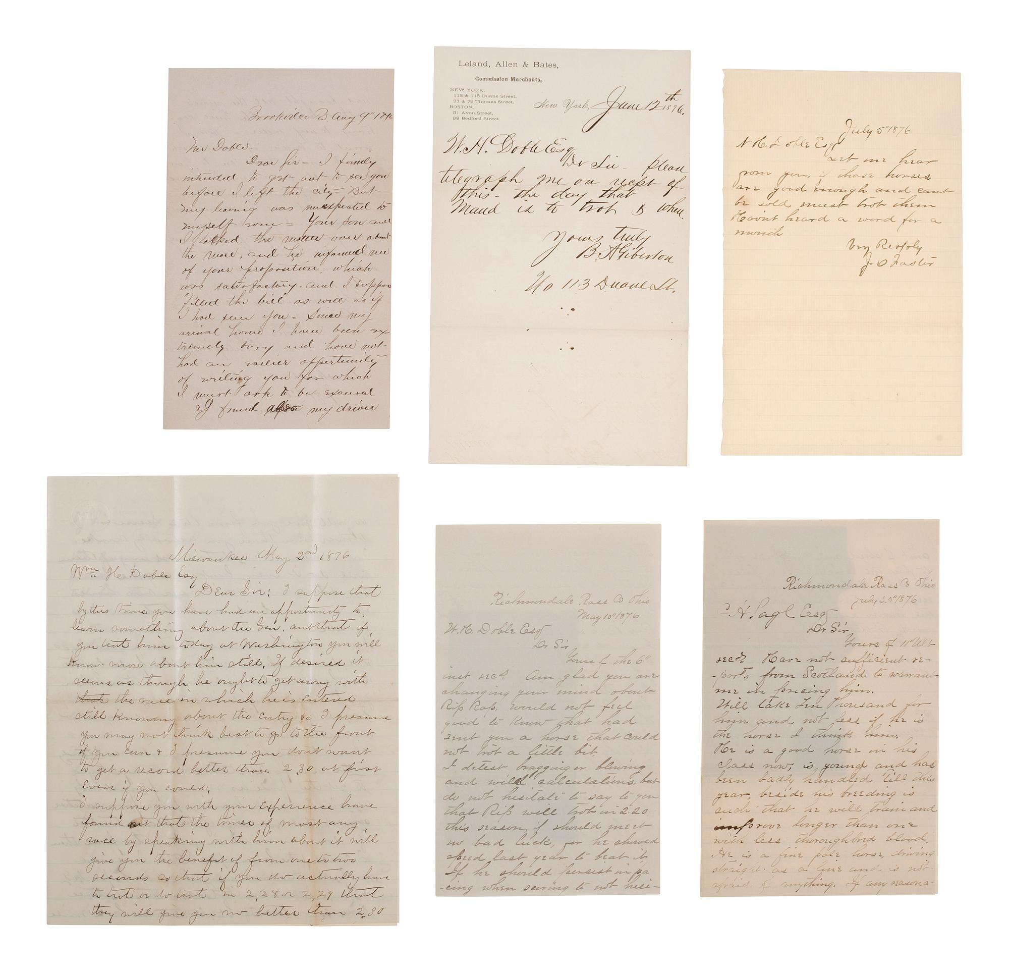 [AMERICANA - HORSE RACING]. Manuscript archive identified to world-renowned trainer and jocky William H. Doble (ca 1814-1896). January-August, 1876.