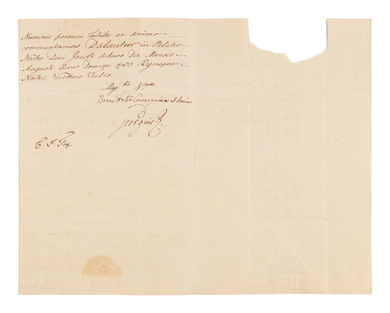 GEORGE III, King of England (1738-1820). Letter signed and subscribed ("Bonus Frater Consanguineus et Amicus Georgius R."), in Latin, to Ferdinand IV of Naples. St. James's Palace, 8 August, 1783. Countersigned by D. J. Fox.