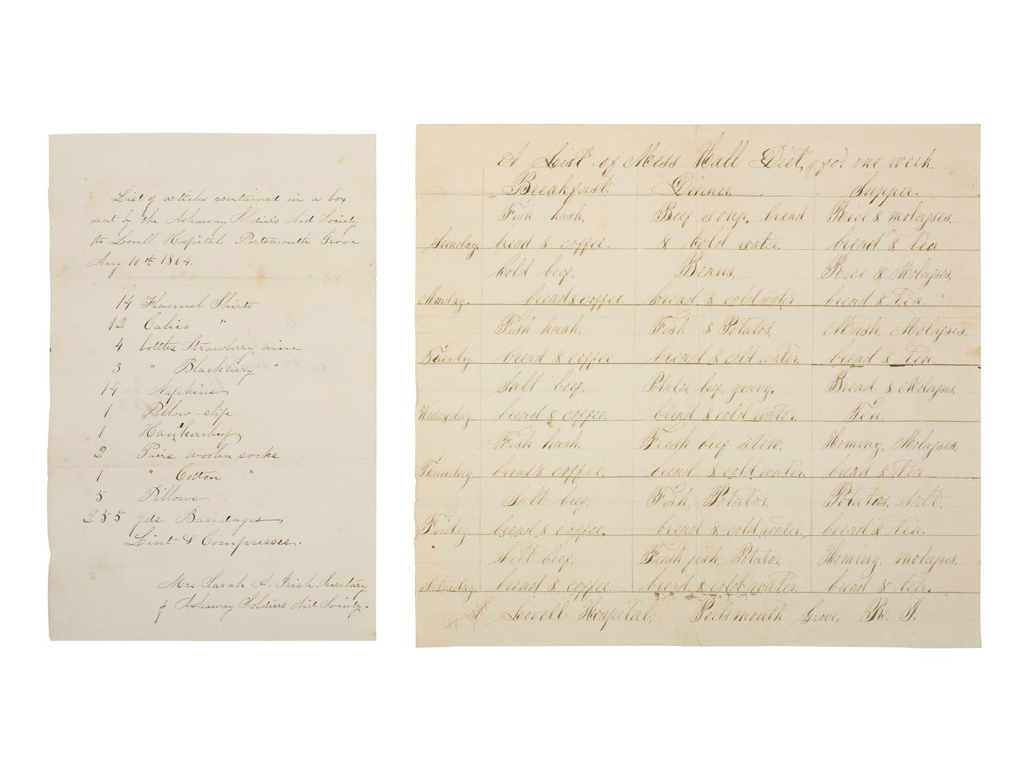 [CIVIL WAR]. Archive associated with the Lovell General Hospital, Portsmouth Grove, Rhode Island, incl. letters, manuscript menu, and items related to Lovell Hospital nurse Sarah Chauncy Woolsey (1835-1905).