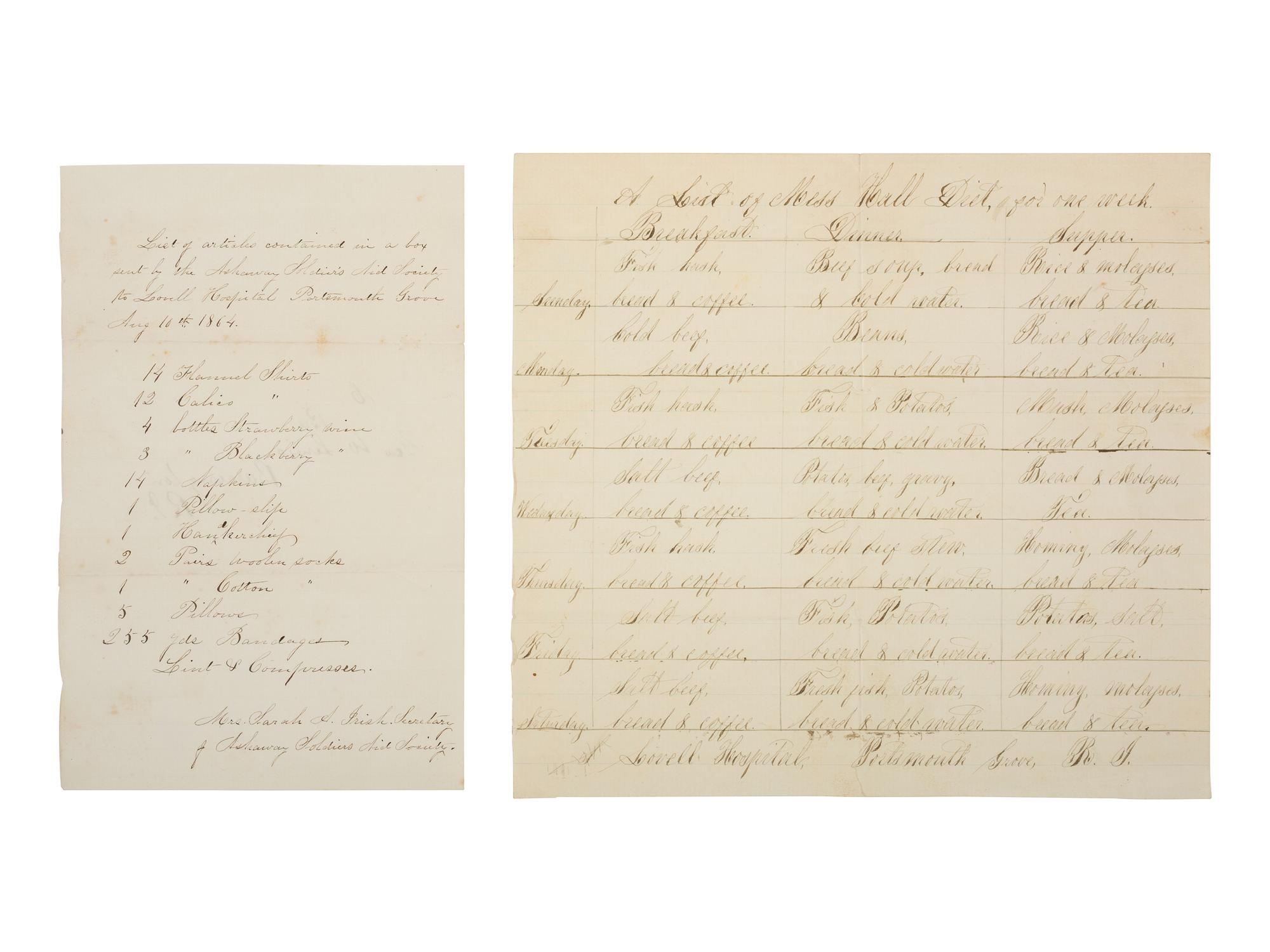 [CIVIL WAR]. Archive associated with the Lovell General Hospital, Portsmouth Grove, Rhode Island, incl. letters, manuscript menu, and items related to Lovell Hospital nurse Sarah Chauncy Woolsey (1835-1905).