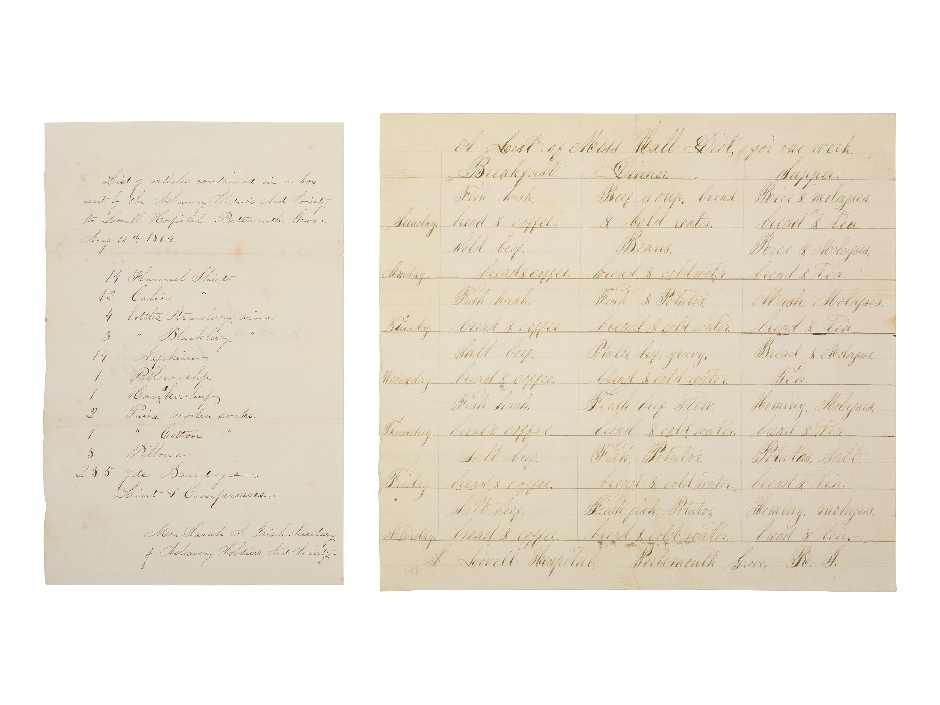 [CIVIL WAR]. Archive associated with the Lovell General Hospital, Portsmouth Grove, Rhode Island, incl. letters, manuscript menu, and items related to Lovell Hospital nurse Sarah Chauncy Woolsey (1835-1905).