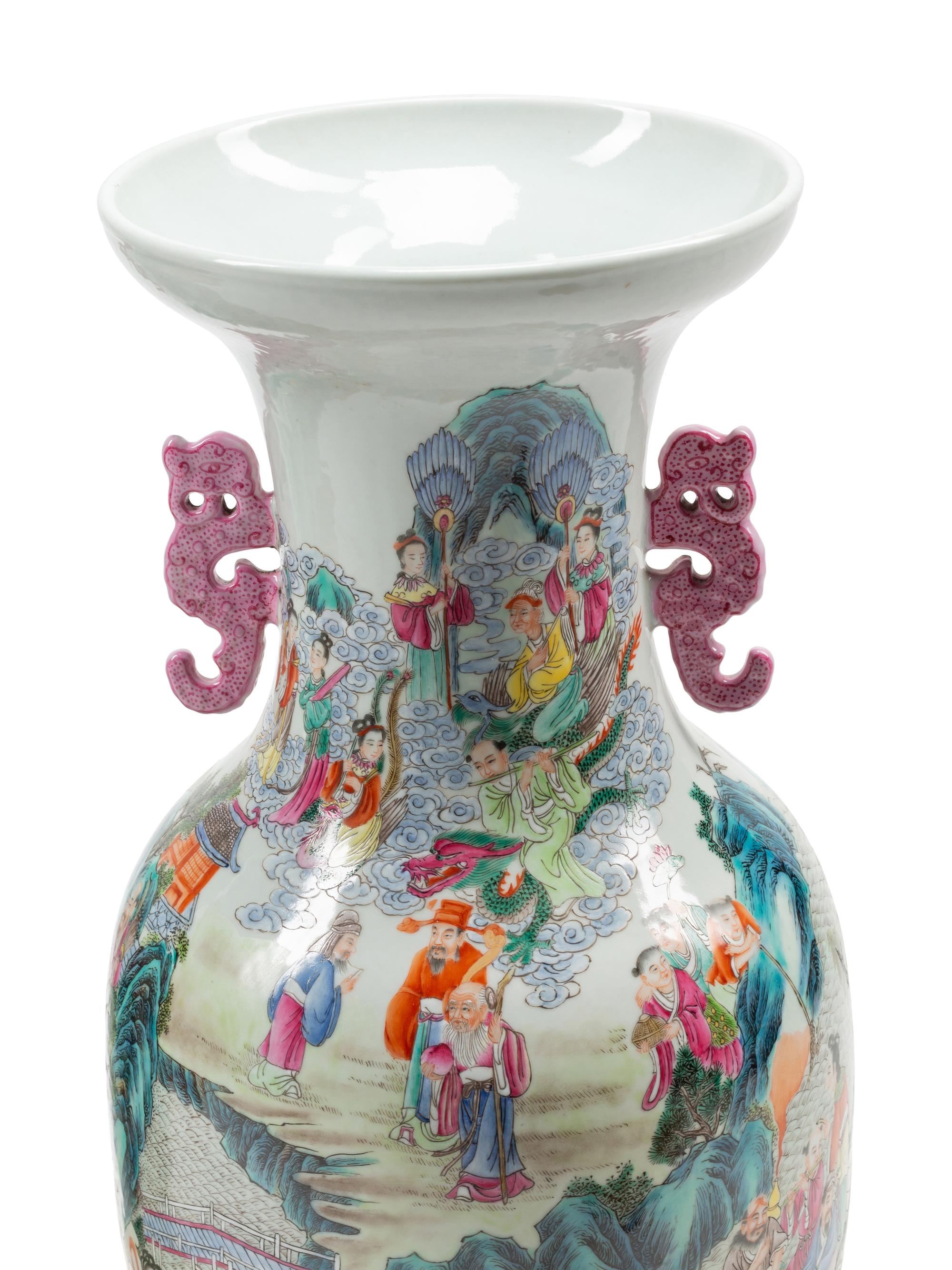 A Pair of Chinese Export Enameled Porcelain Vases on Carved Giltwood Bases