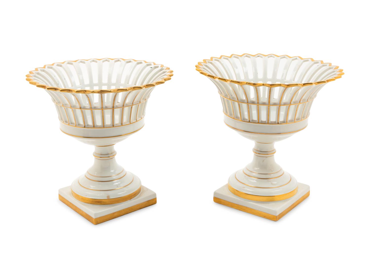 A Pair of Portuguese Parcel Gilt Reticulated Porcelain Baskets