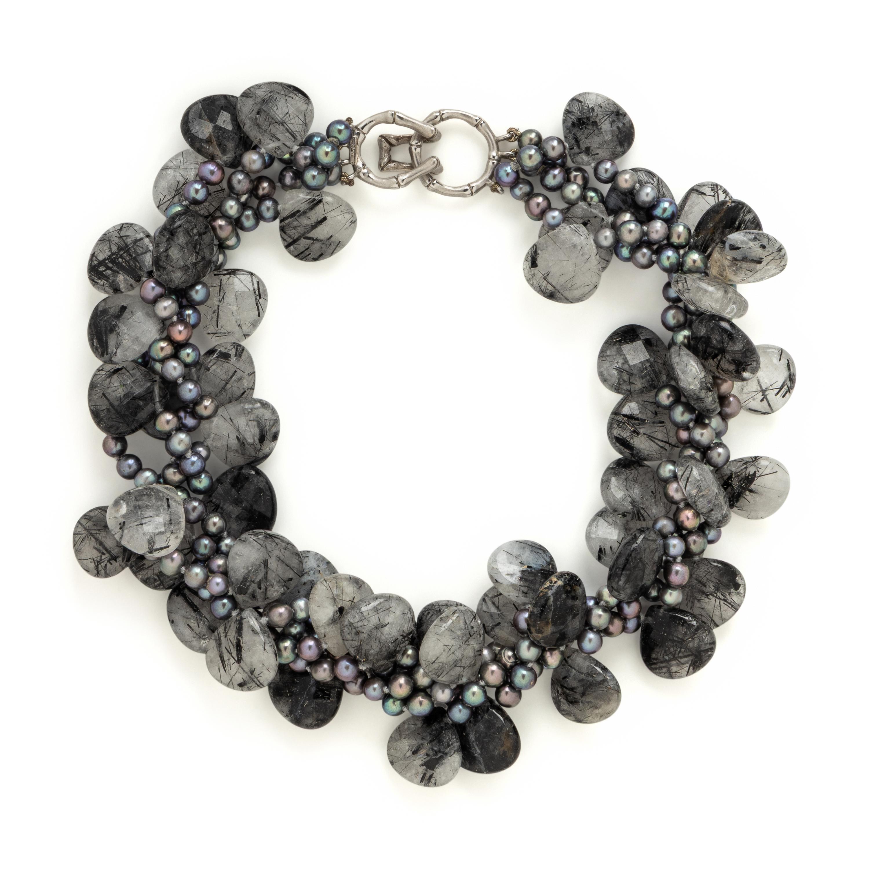 Mish, Grey Cultured Pearl and Tourmalinated Quartz Necklace
