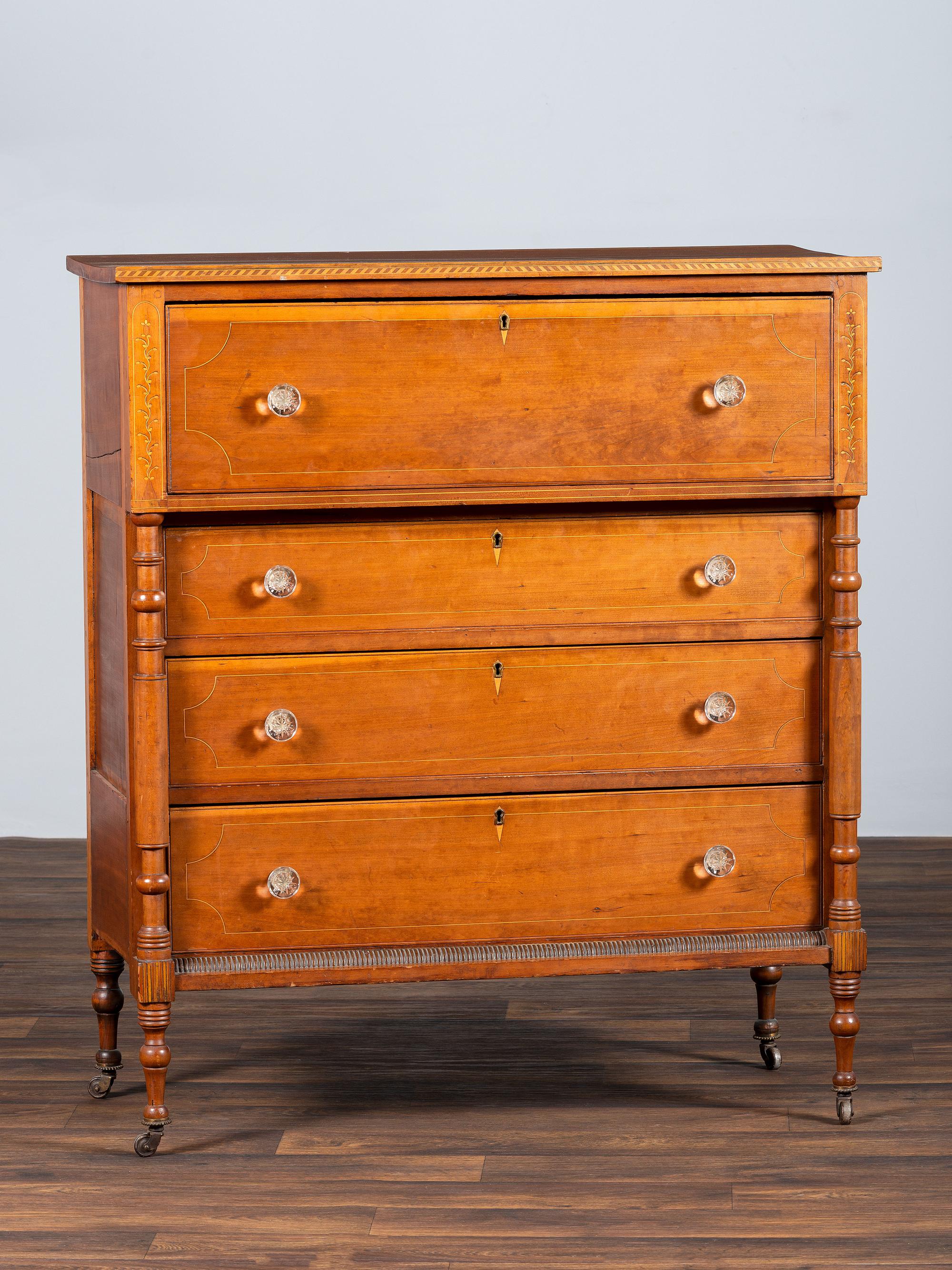 A Federal Inlaid and Turned Cherrywood Chest of Drawers