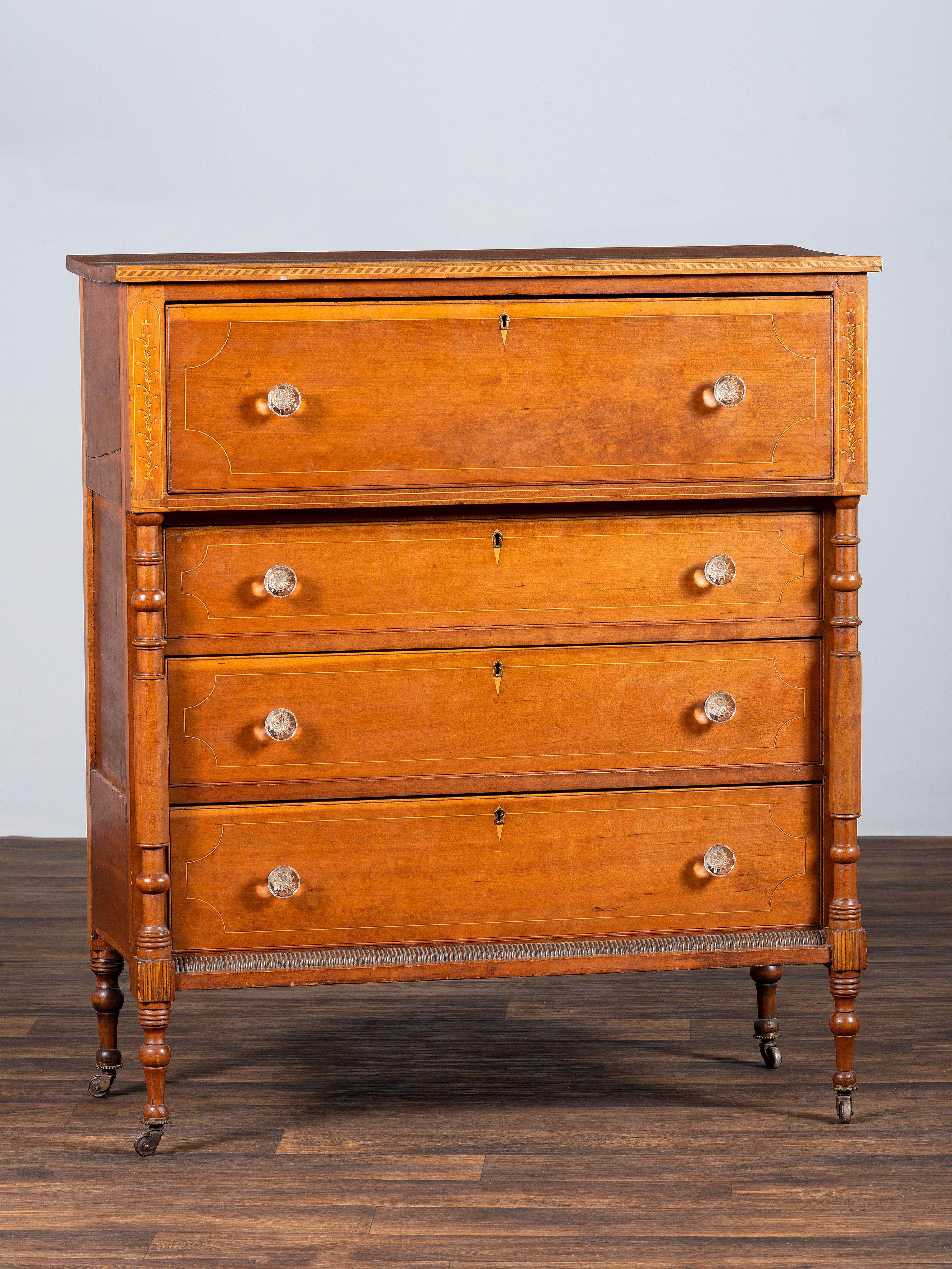A Federal Inlaid and Turned Cherrywood Chest of Drawers