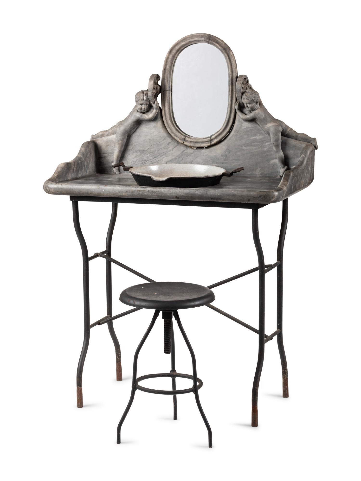 An Art Nouveau Putti-Carved Marble and Iron Figural Washstand
