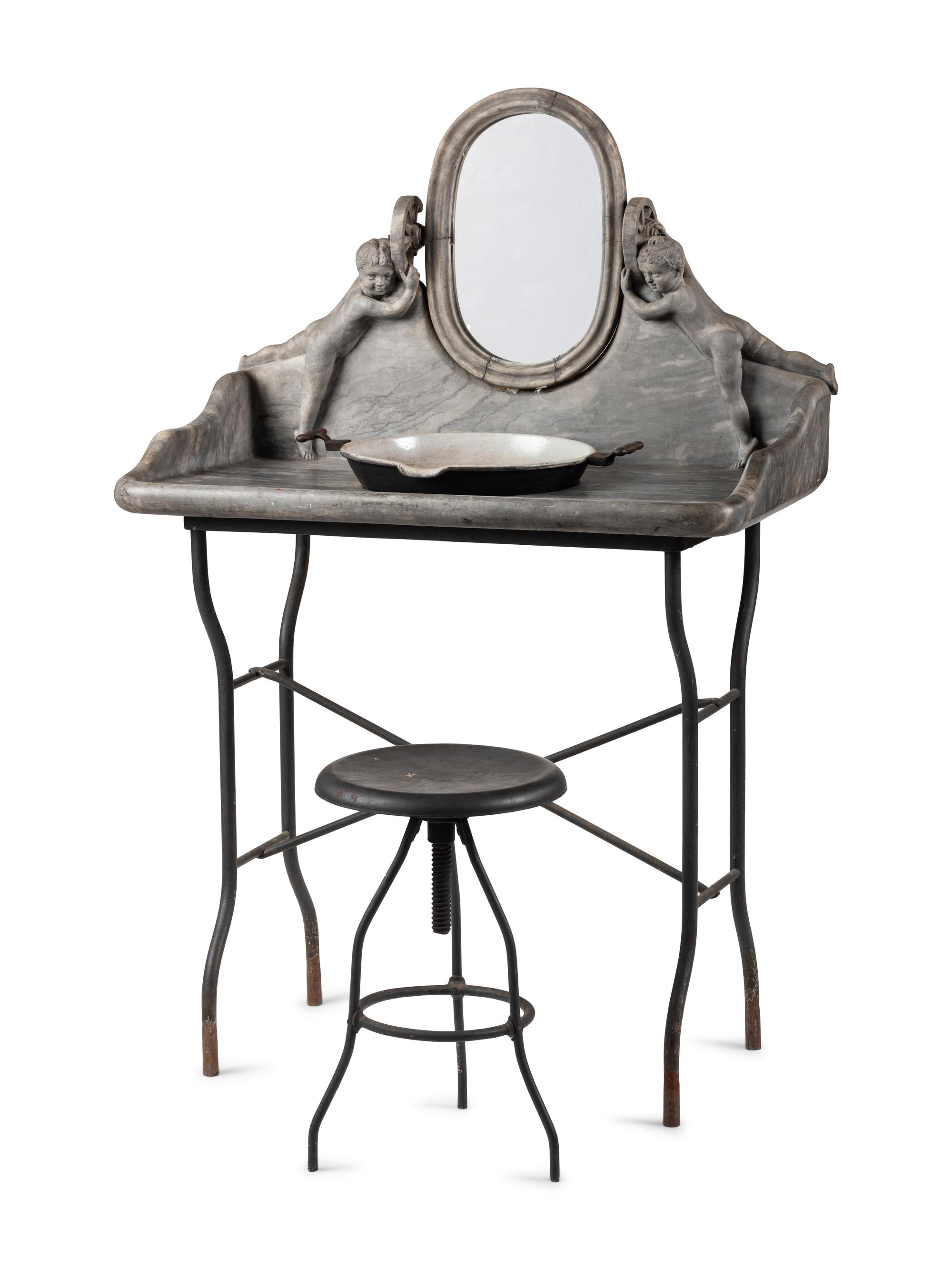 An Art Nouveau Putti-Carved Marble and Iron Figural Washstand