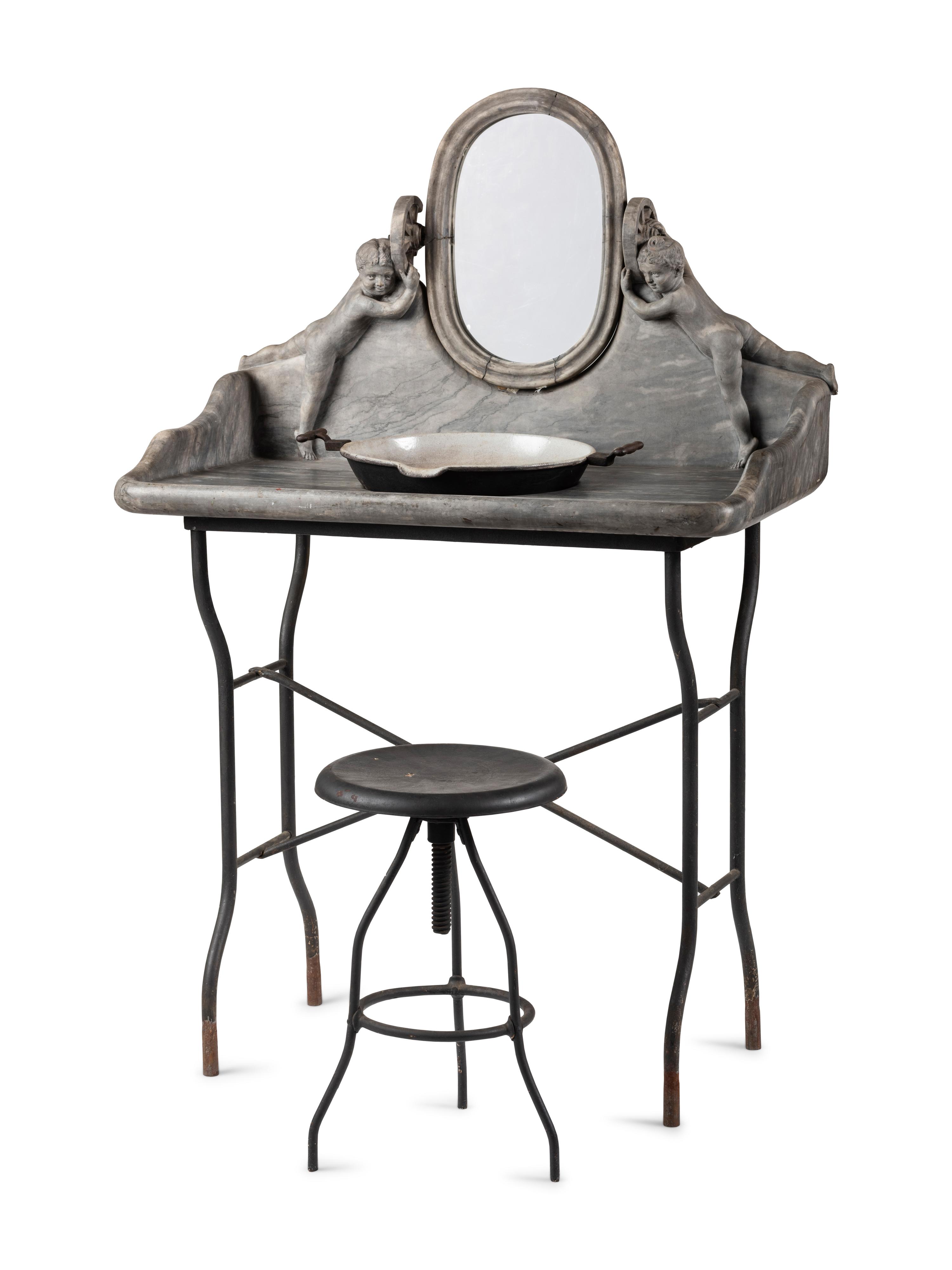 An Art Nouveau Putti-Carved Marble and Iron Figural Washstand