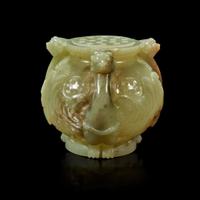 A Chinese carved greyish celadon and beige jade archaistic "Birds" vessel and cover Qing Dynasty, 18th/19th Century