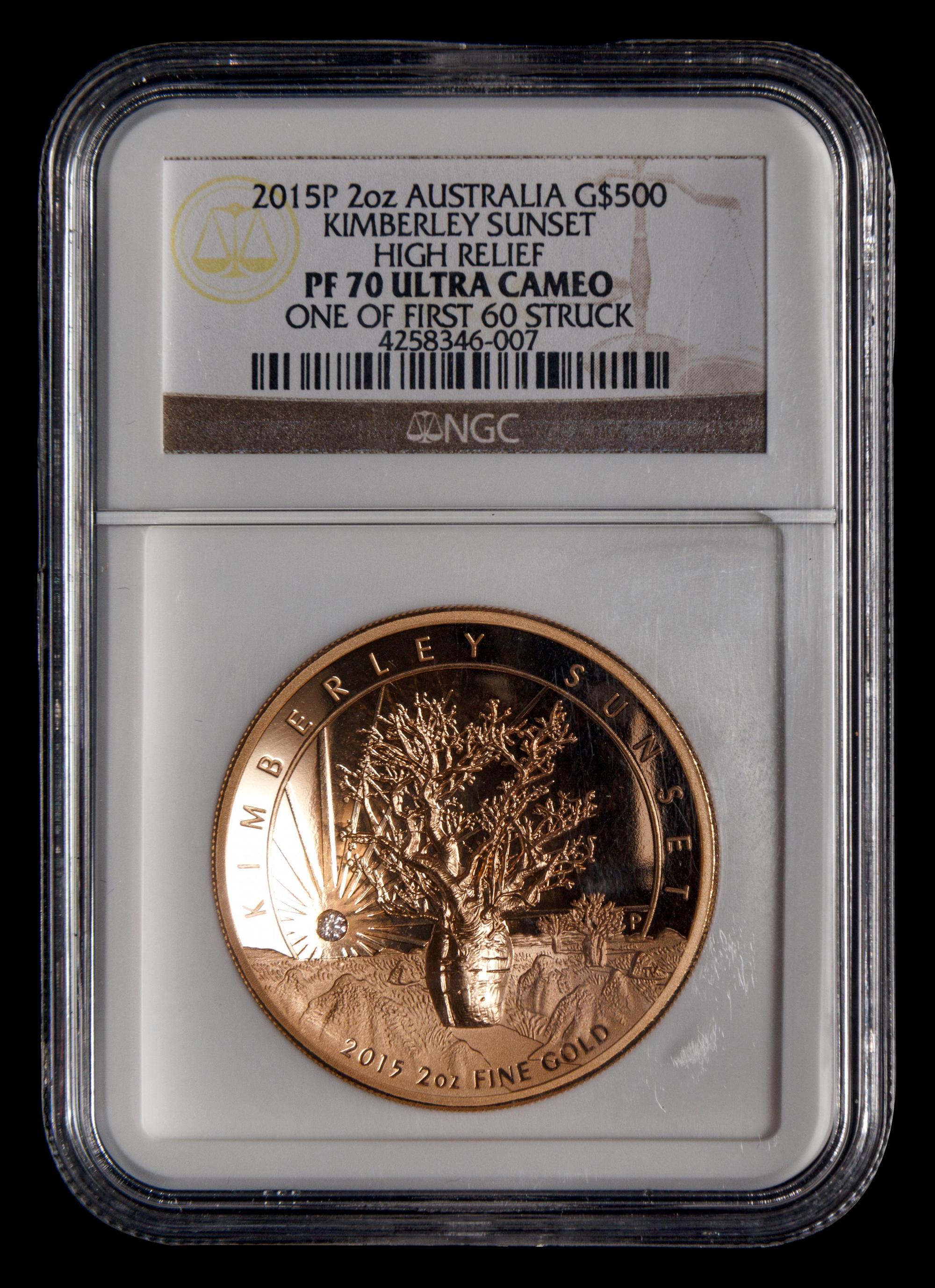 [AUSTRALIA] A 2015-P Kimberly Sunset: One of First 60 Struck 2 Oz. High Relief Gold and Diamond Inset $500 Proof (NGC PF70 UC)
