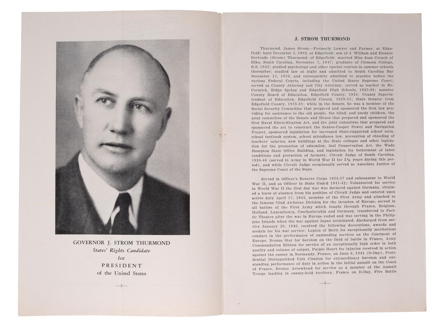 [SEGREGATION]. THURMOND, J. Strom (1902-2003). Acceptance Addresses. [1948].