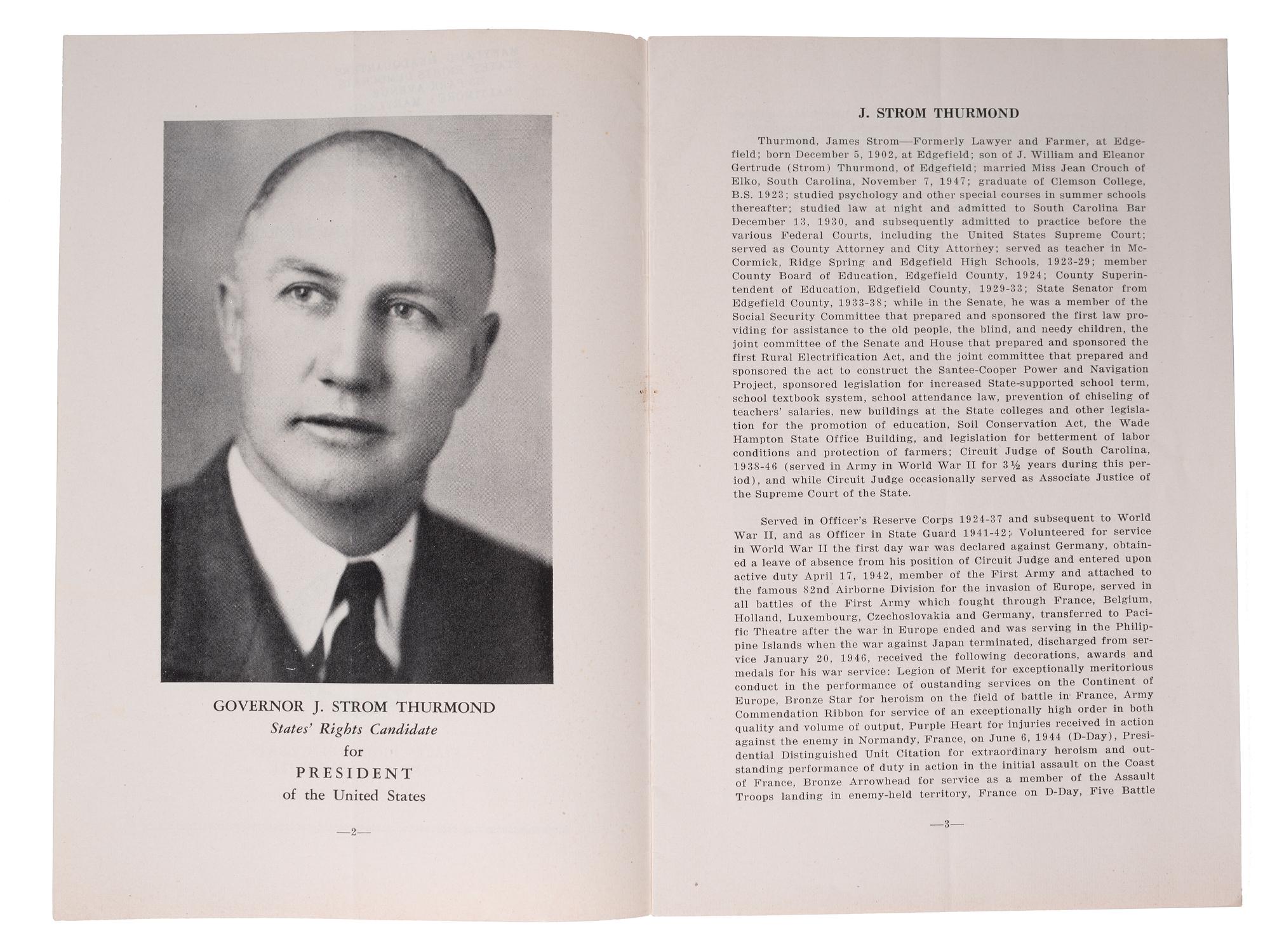 [SEGREGATION]. THURMOND, J. Strom (1902-2003). Acceptance Addresses. [1948].