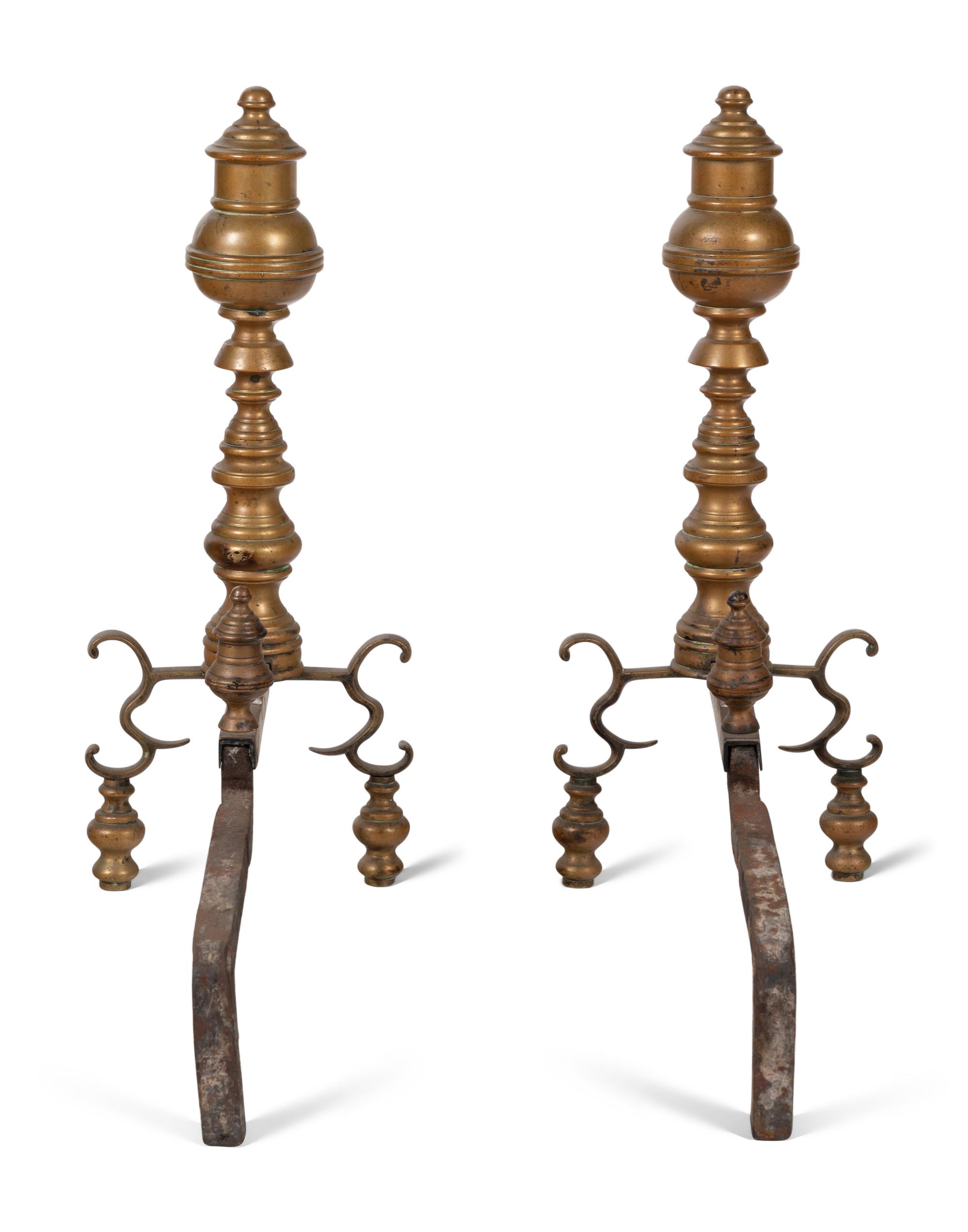 A Pair of Federal Style Brass Baluster Andirons