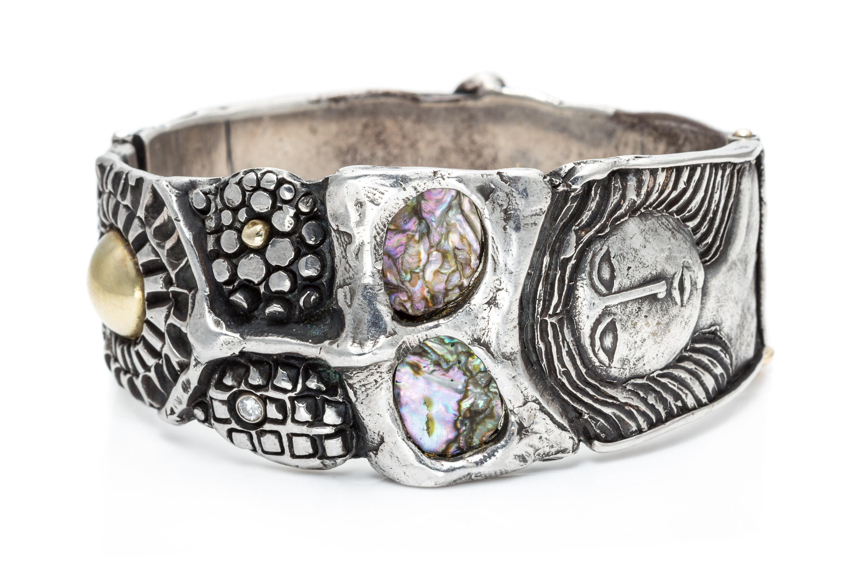 A Sterling Silver, 18 Karat Yellow Gold, Abalone and Diamond Bracelet, Walter Schluep, Circa 1993, 70.60 dwts.