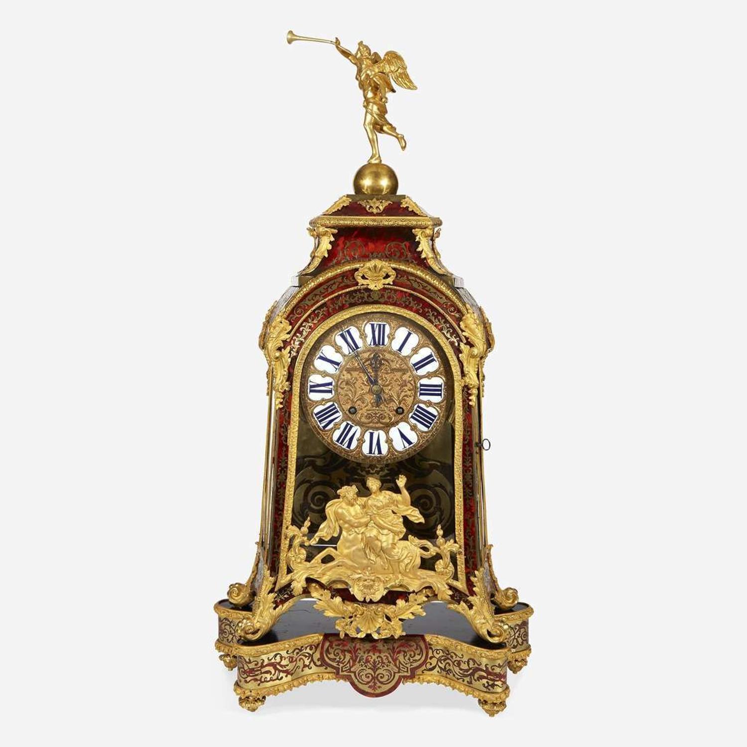 A Louis XIV Ormolu-Mounted Brass-Inlaid Red Tortoiseshell Boulle Marquetry Mantel Clock on Stand* 18th century with later alterations and additions, Louis Mynuel (French, 1675-1742)