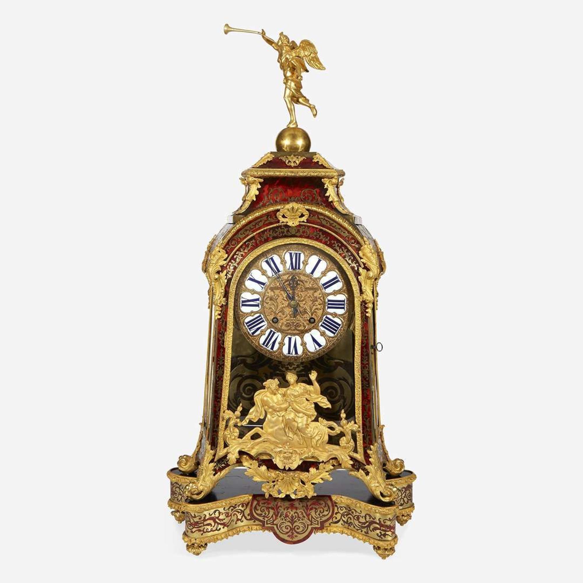 A Louis XIV Ormolu-Mounted Brass-Inlaid Red Tortoiseshell Boulle Marquetry Mantel Clock on Stand* 18th century with later alterations and additions, Louis Mynuel (French, 1675-1742)