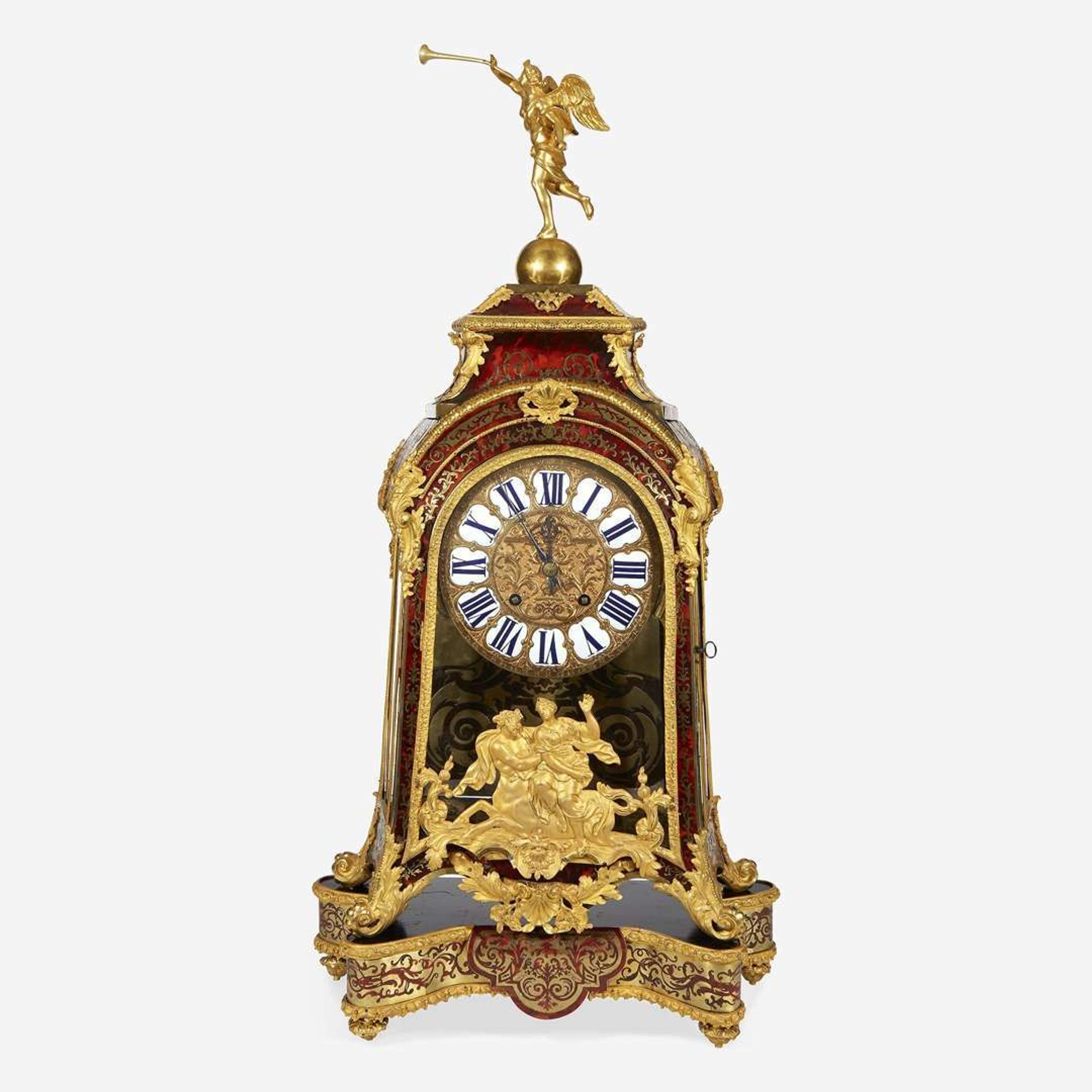 A Louis XIV Ormolu-Mounted Brass-Inlaid Red Tortoiseshell Boulle Marquetry Mantel Clock on Stand* 18th century with later alterations and additions, Louis Mynuel (French, 1675-1742)