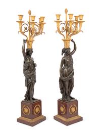 A Pair of Empire Style Gilt and Patinated Bronze and Marble Figural Four-Light Candelabra