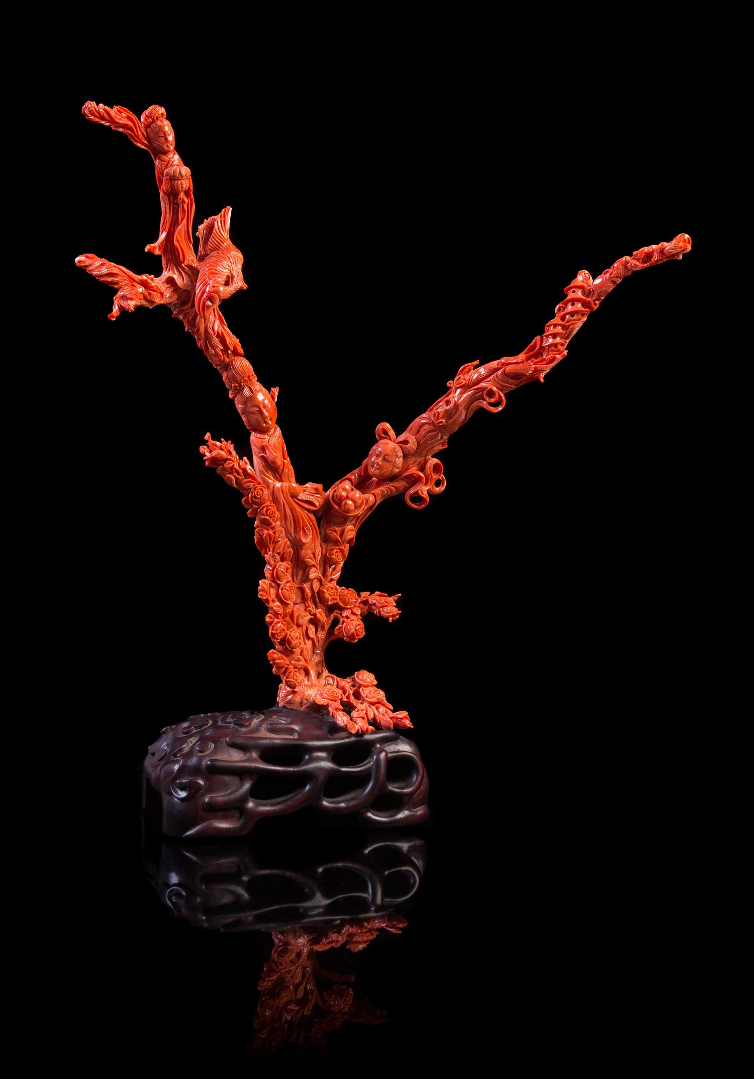 A Large Red Coral Figural Group Height 13 inches. — LATE QING DYNASTY/REPUBLIC PERIOD