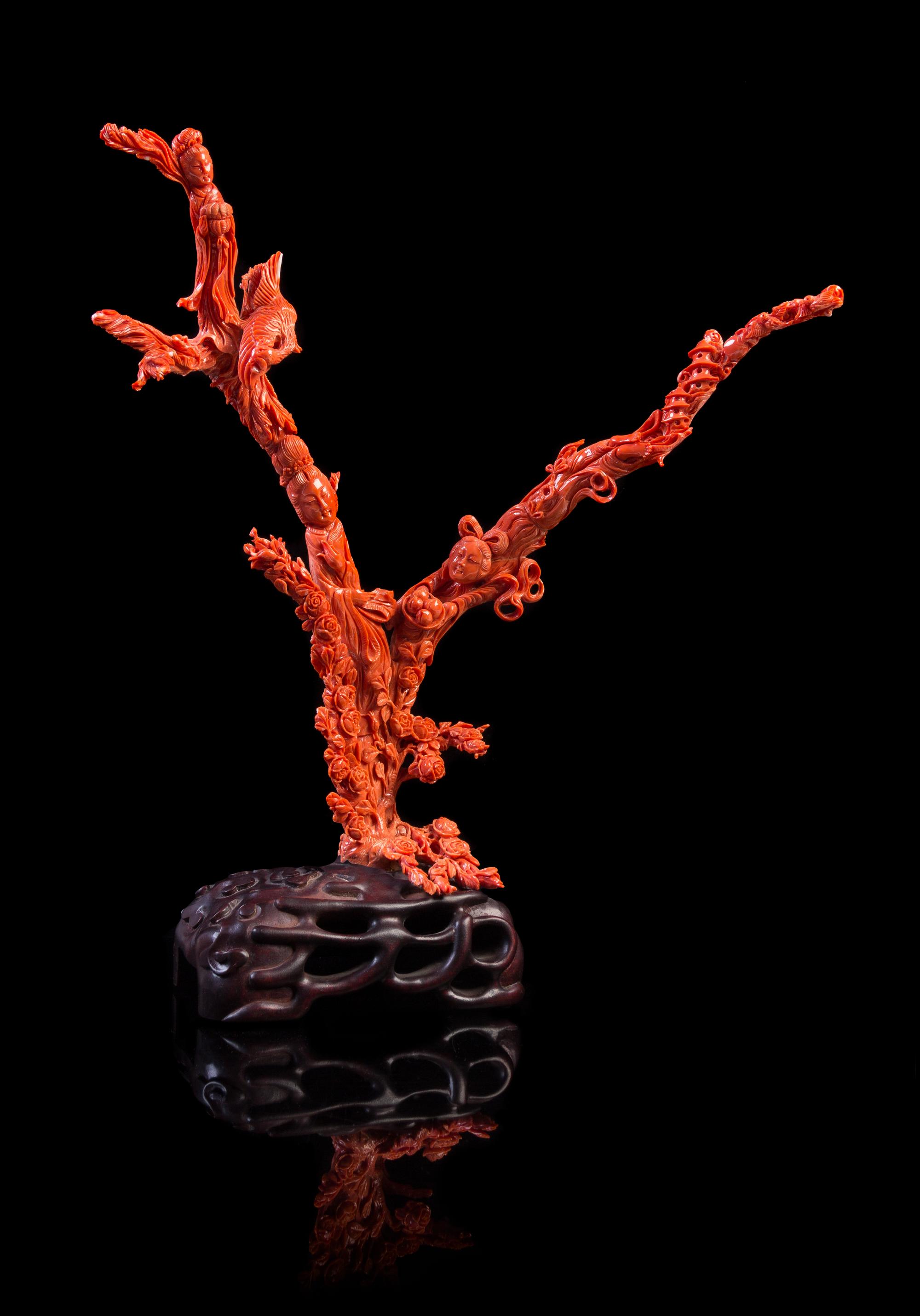 A Large Red Coral Figural Group Height 13 inches. — LATE QING DYNASTY/REPUBLIC PERIOD