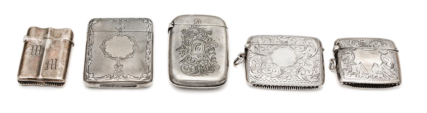 A Collection of Five Silver Vesta Cases, Various Makers, comprising a Victorian example, F.H.M., Birmingham, 1872 the case worked with