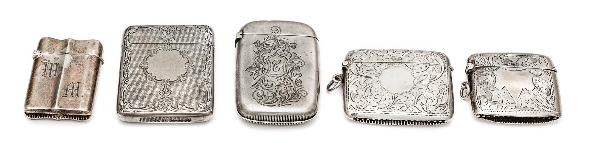 A Collection of Five Silver Vesta Cases, Various Makers, comprising a Victorian example, F.H.M., Birmingham, 1872 the case worked with