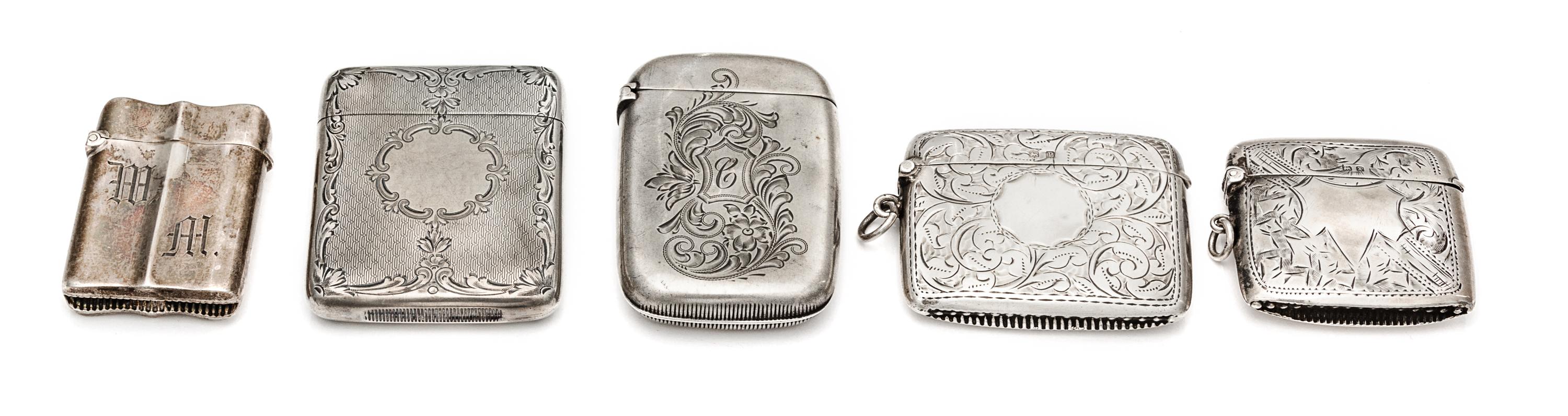 A Collection of Five Silver Vesta Cases, Various Makers, comprising a Victorian example, F.H.M., Birmingham, 1872 the case worked with