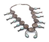 Navajo Coin and Turquoise Squash Blossom Necklace