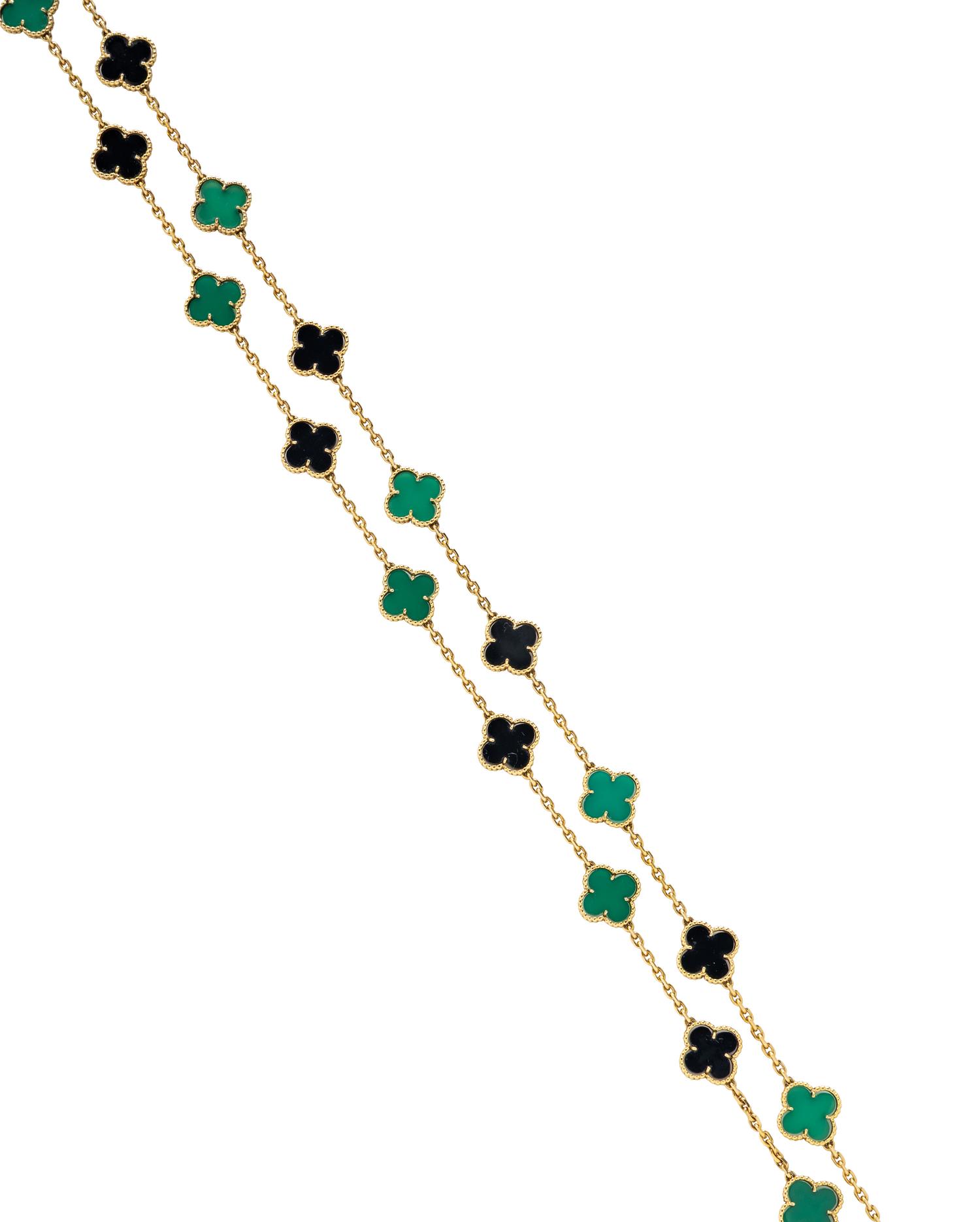 VAN CLEEF & ARPELS, TWENTY MOTIF ONYX, CHRYSOPRASE, AND YELLOW GOLD 'ALHAMBRA' NECKLACE