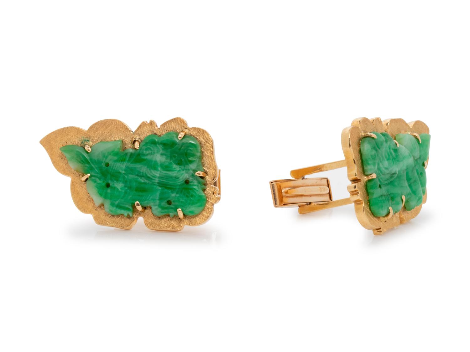 A Pair of 14 Karat Yellow Gold and Jade Cufflinks,