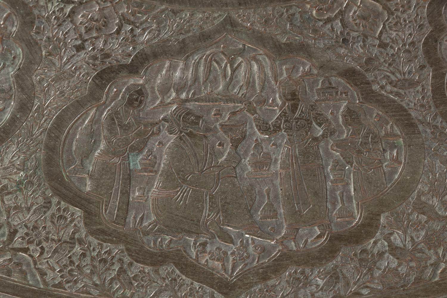 A Large Islamic Pressed Brass Tray on a Later Stand