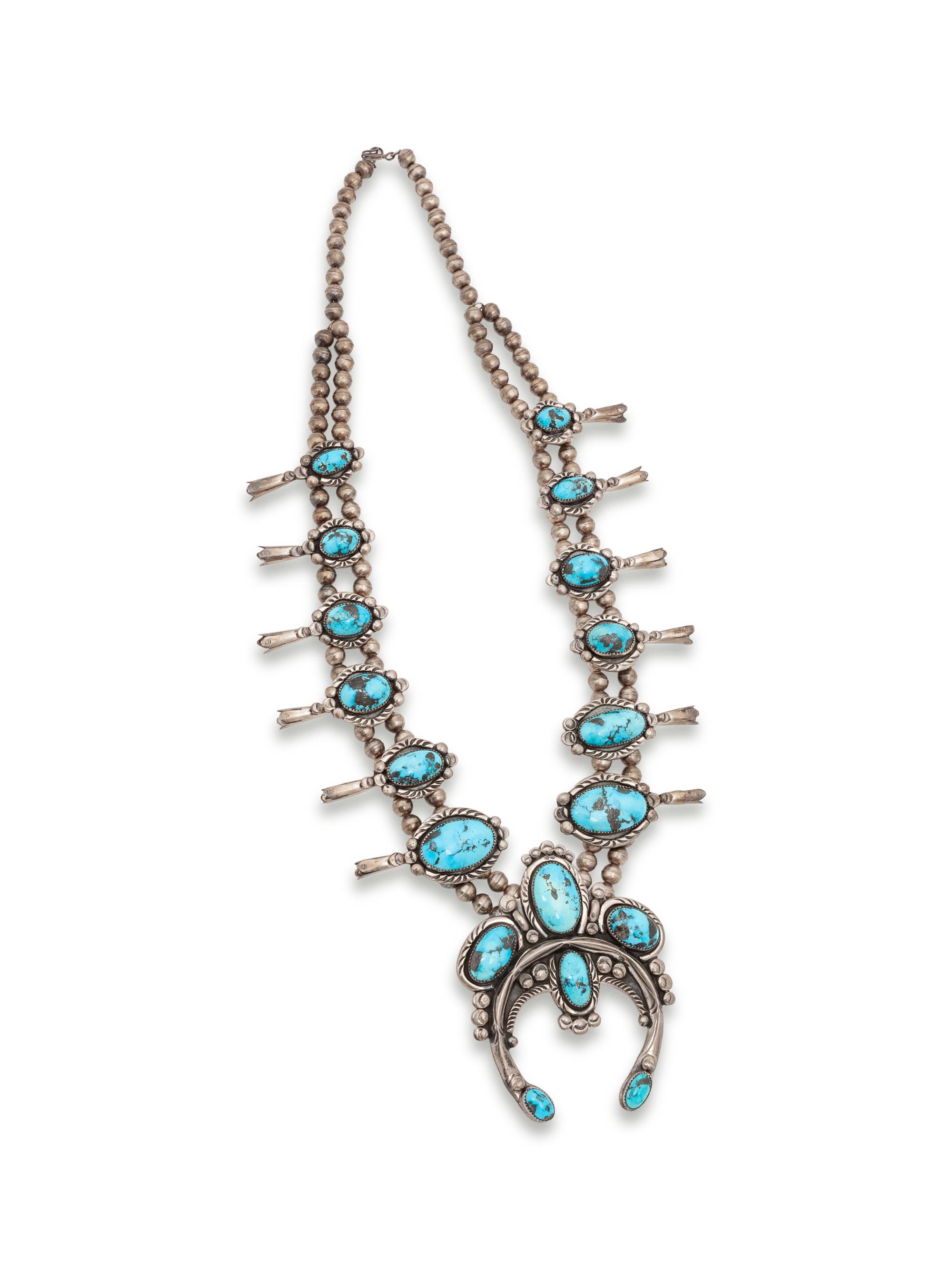 Navajo Silver and Turquoise Squash Blossom Necklace