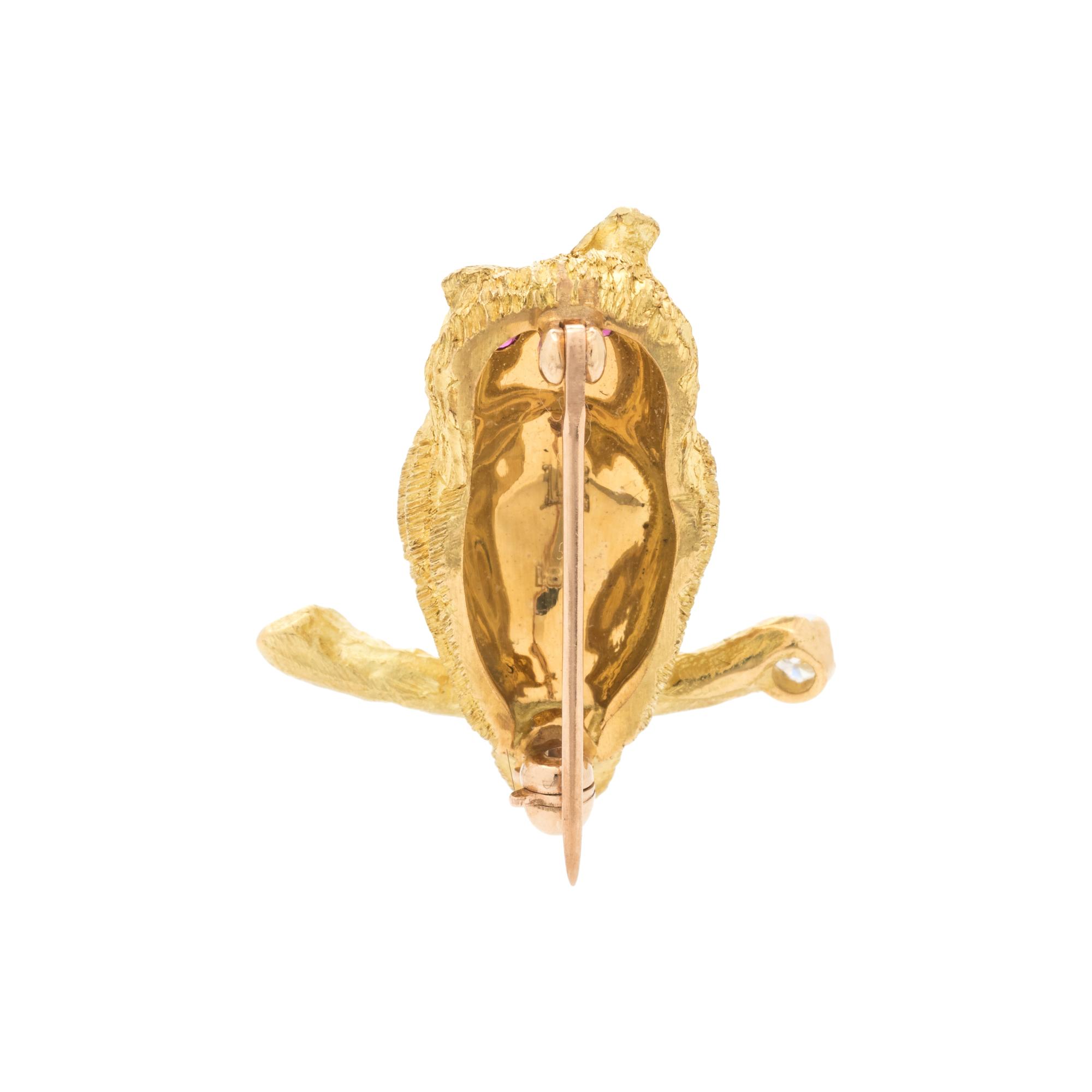 YELLOW GOLD, DIAMOND AND RUBY OWL BROOCH