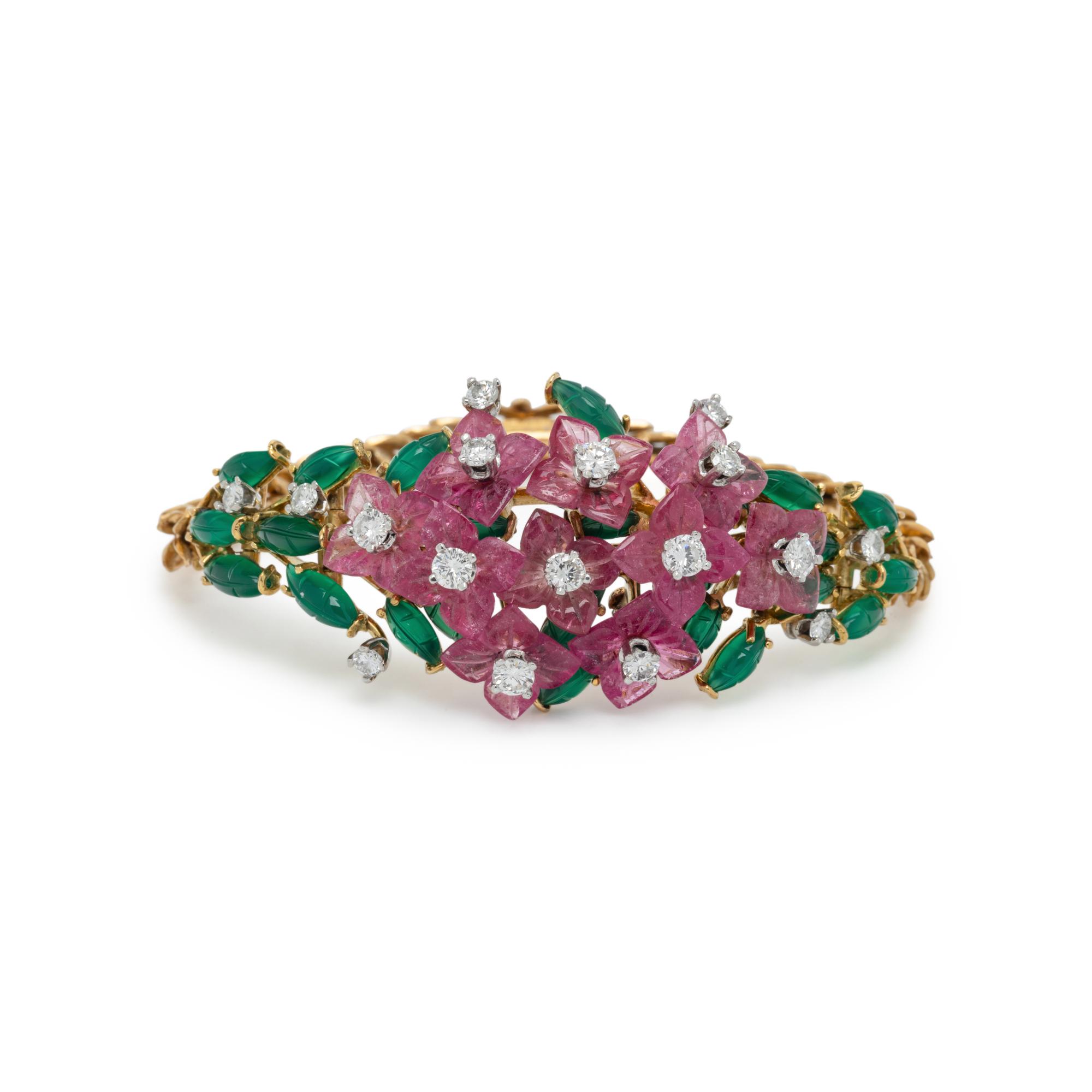 SPAULDING & CO., FRENCH, CARVED PINK TOURMALINE, CHRYSOPRASE AND DIAMOND PARURE