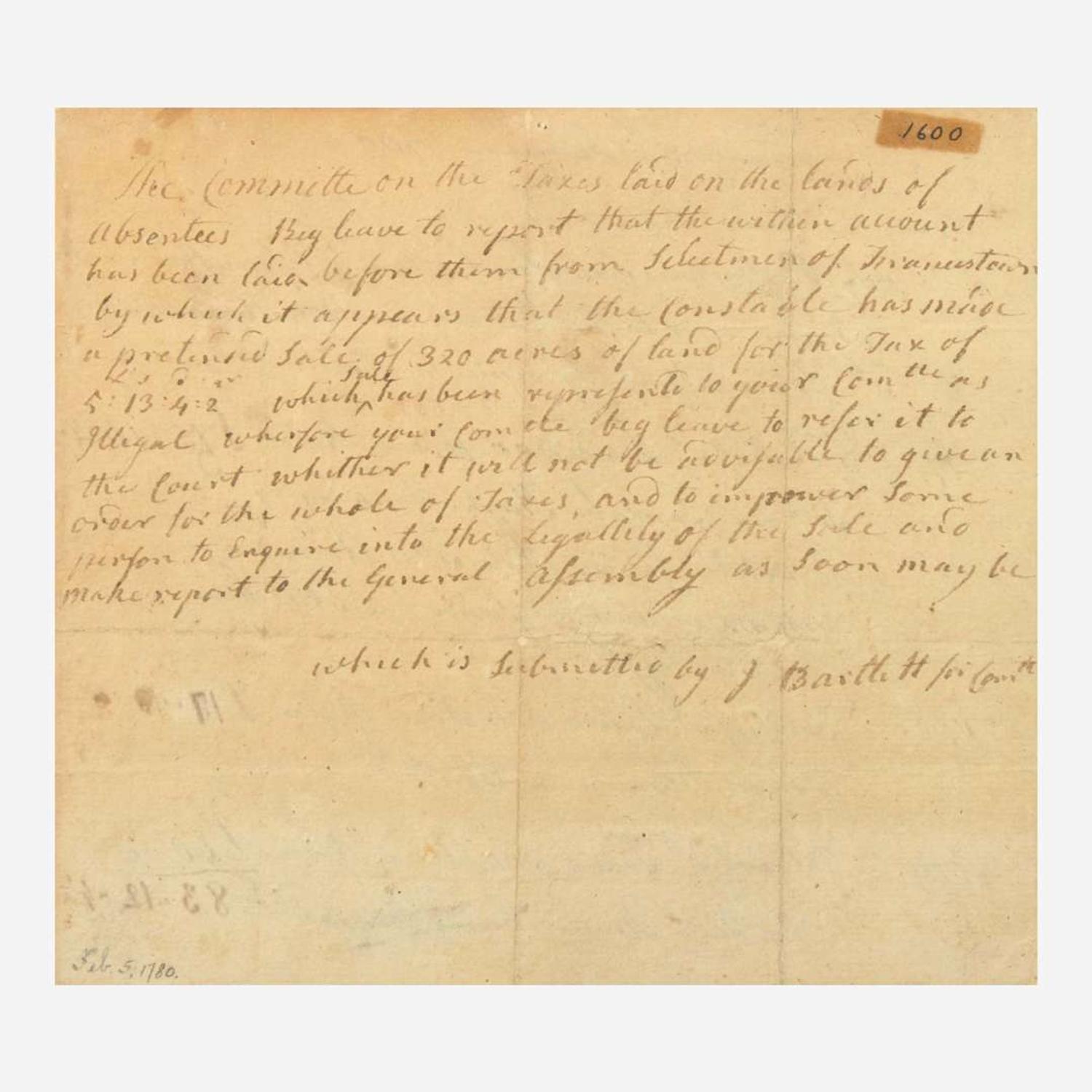 [Declaration of Independence] [New Hampshire] Bartlett, Josiah Autograph Document, signed