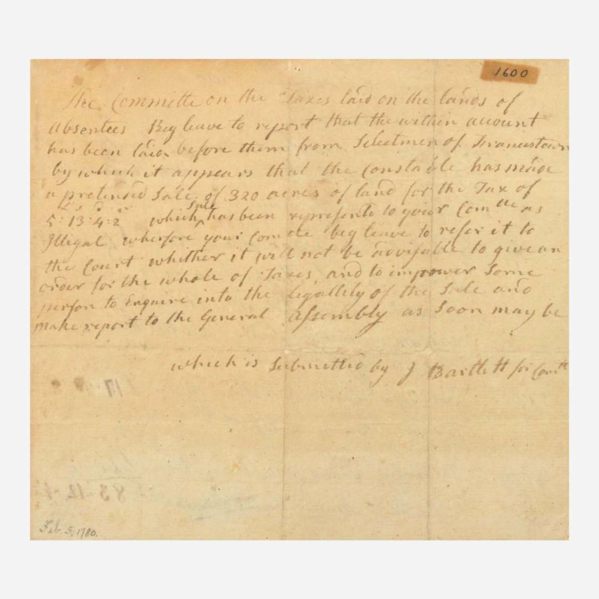 [Declaration of Independence] [New Hampshire] Bartlett, Josiah Autograph Document, signed
