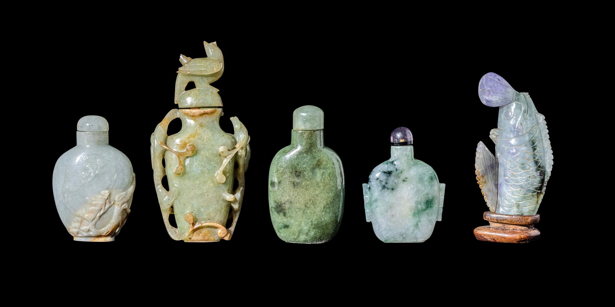 Five Chinese Jadeite Snuff Bottles
