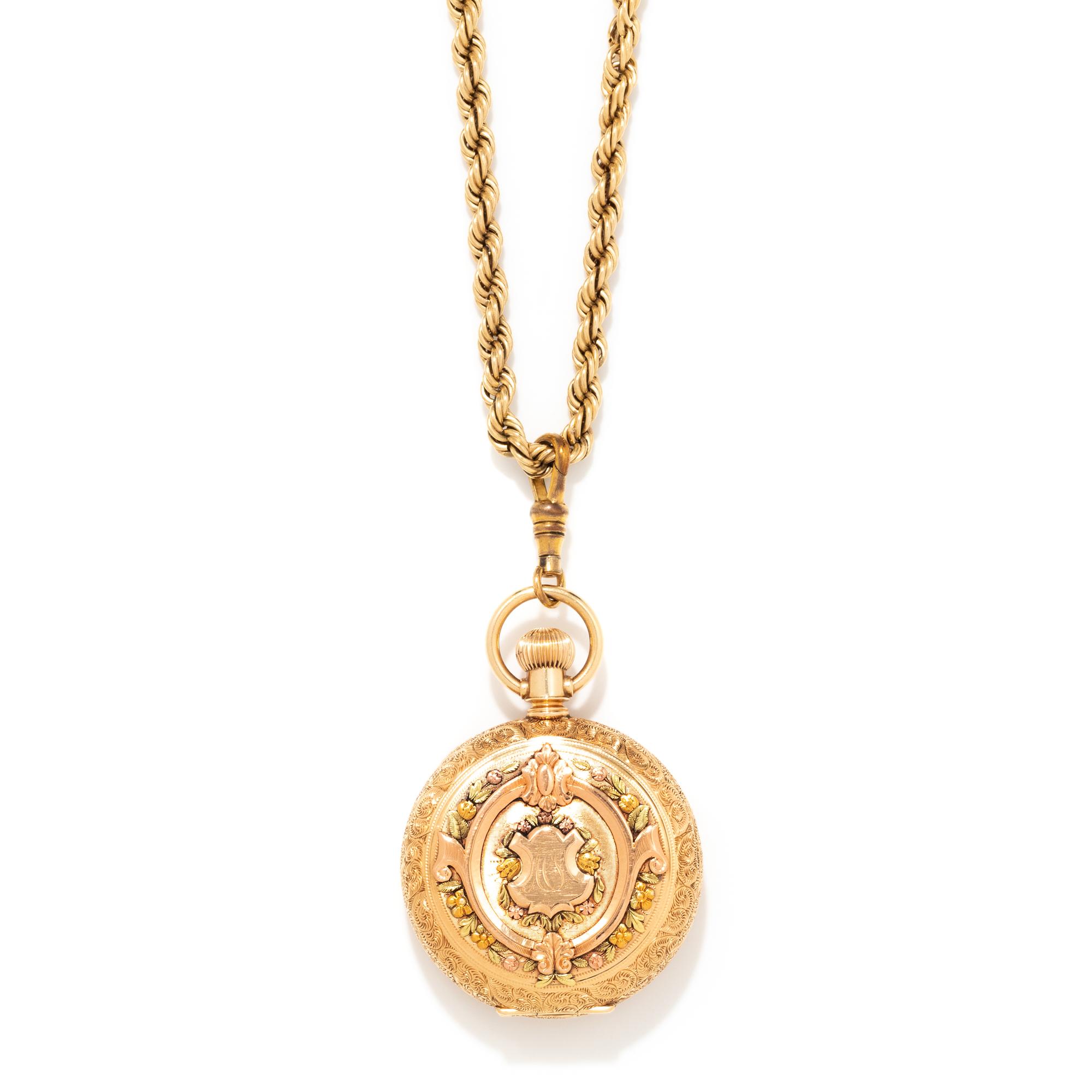 HAMPDEN, 14K TRICOLOR GOLD AND DIAMOND HUNTER CASE POCKET WATCH