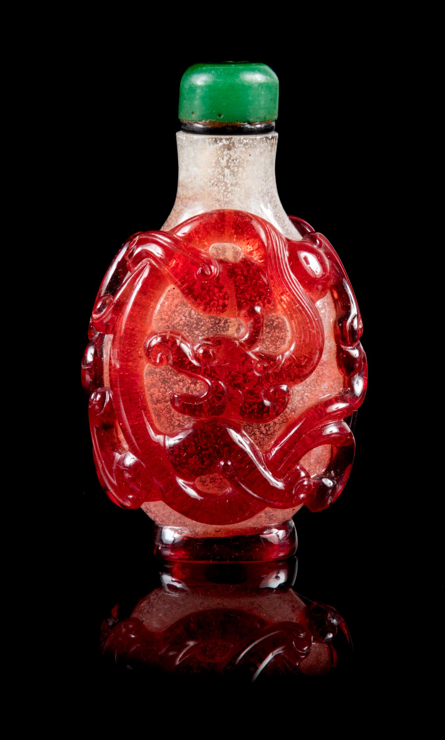 A Fine Red Overlay 'Snowstorm' Glass Snuff Bottle Height 2 5/8 inches. — PROBABLY IMPERIAL, ATTRIBUTED TO THE PALACE WORKSHOPS, 1740-1820