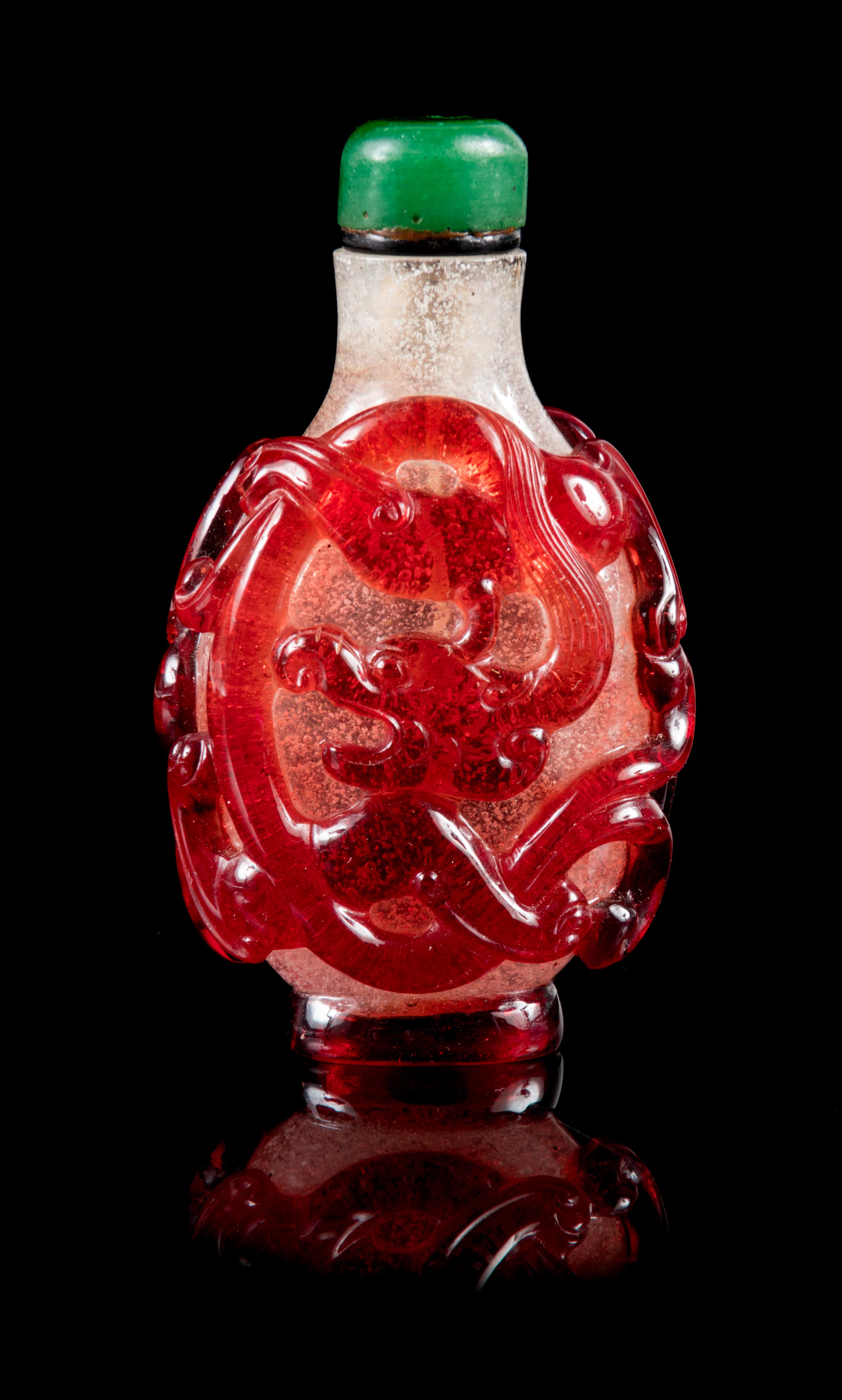 A Fine Red Overlay 'Snowstorm' Glass Snuff Bottle Height 2 5/8 inches. — PROBABLY IMPERIAL, ATTRIBUTED TO THE PALACE WORKSHOPS, 1740-1820
