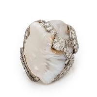 Ruser, Diamond, Baroque Cultured Pearl, and Platinum Ring