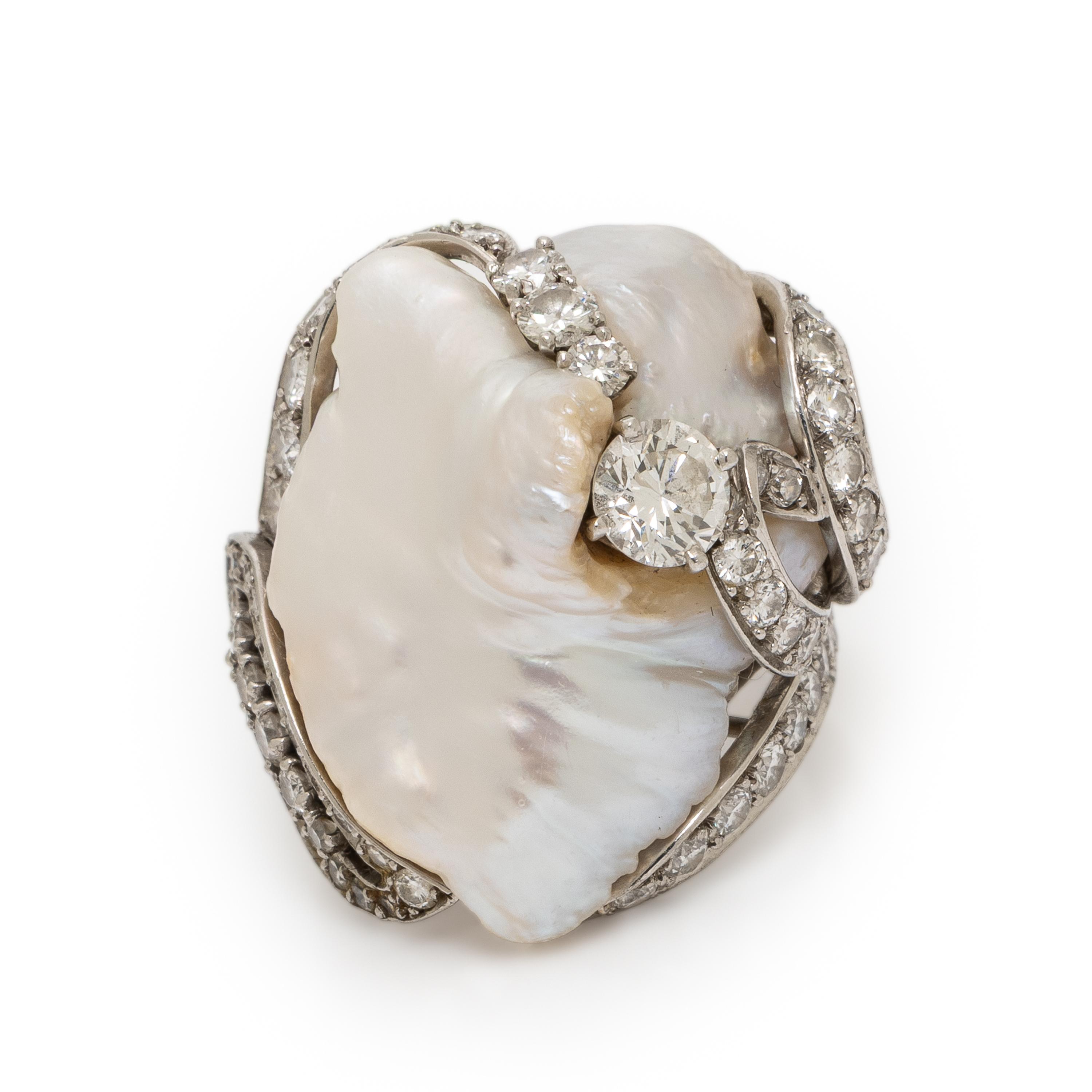 Ruser, Diamond, Baroque Cultured Pearl, and Platinum Ring