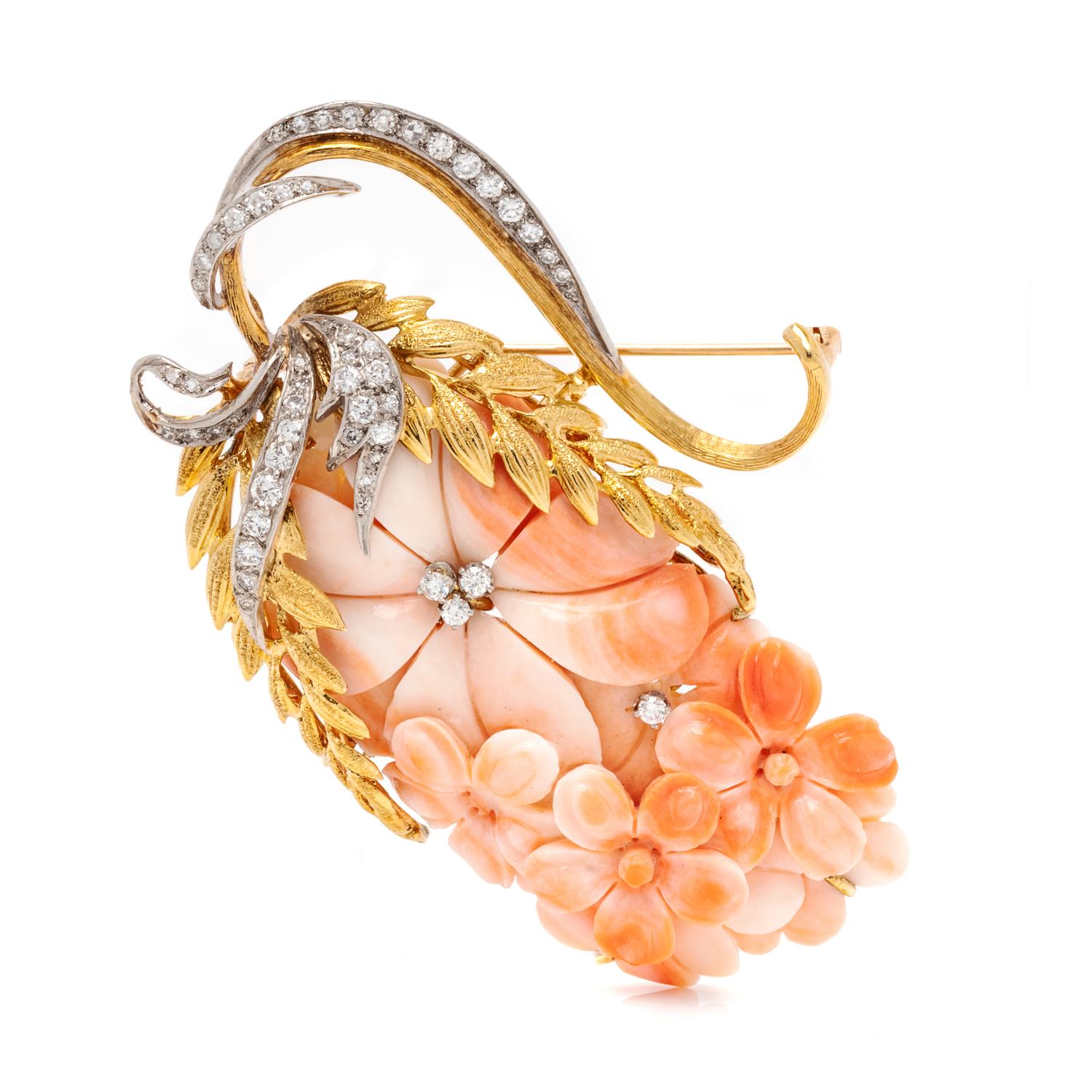 CORAL AND DIAMOND FLOWER BROOCH