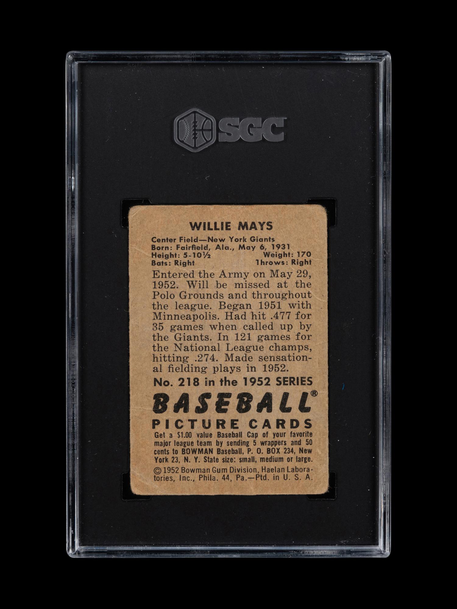 A 1952 Bowman Willie Mays Baseball Card No. 218 (SGC 1)