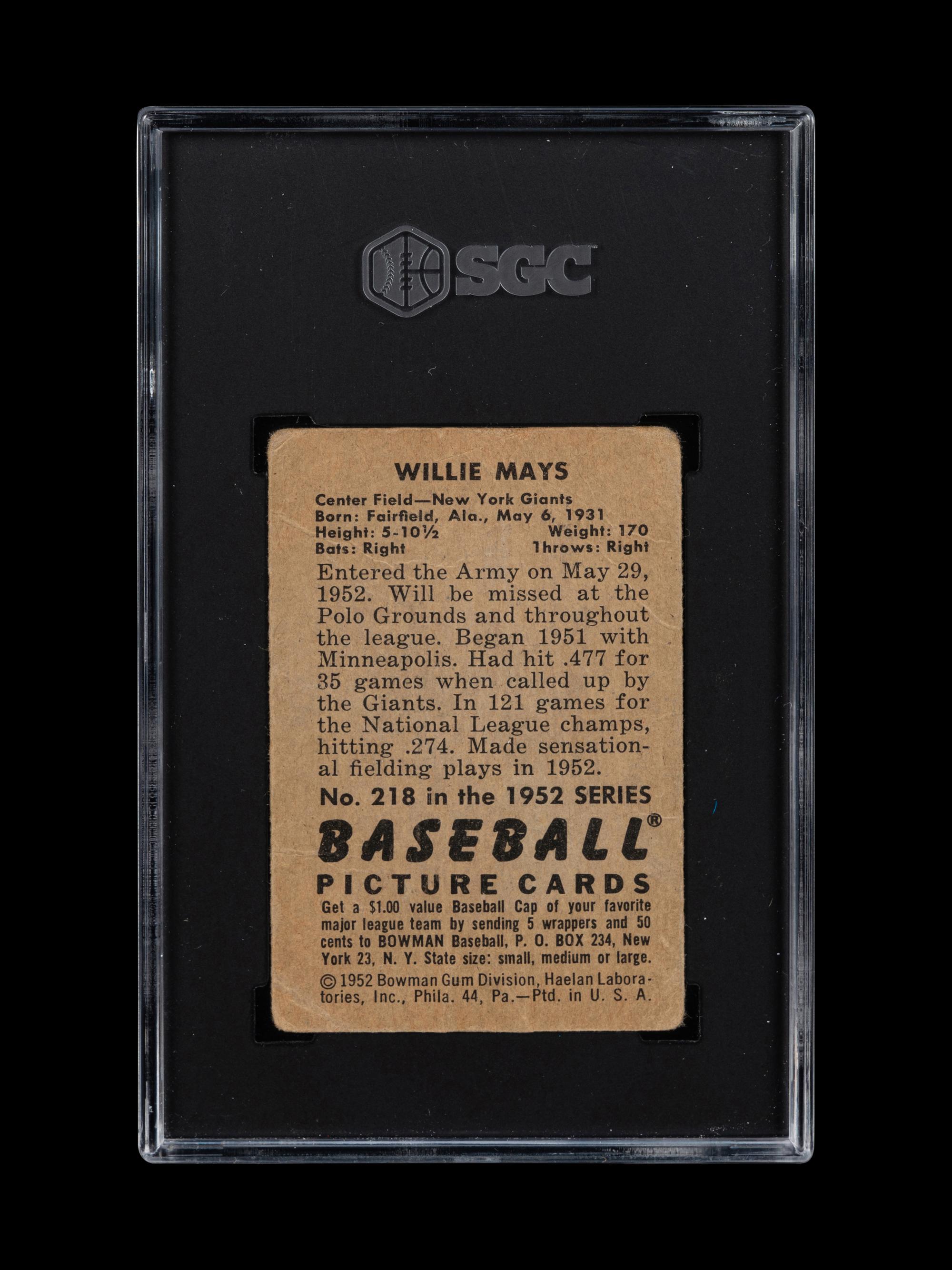 A 1952 Bowman Willie Mays Baseball Card No. 218 (SGC 1)