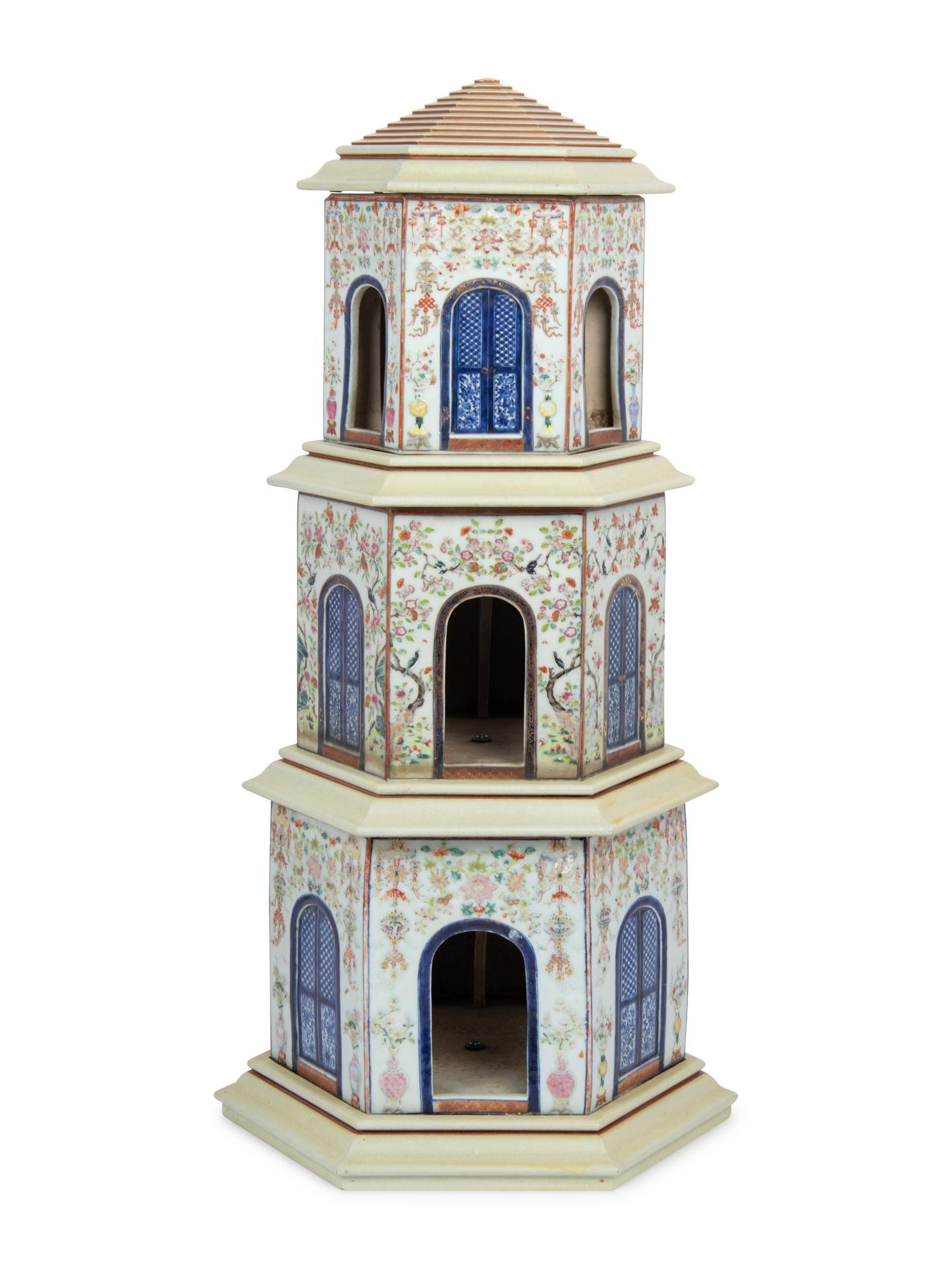 A Famille Rose Porcelain Three-Tier Pagoda