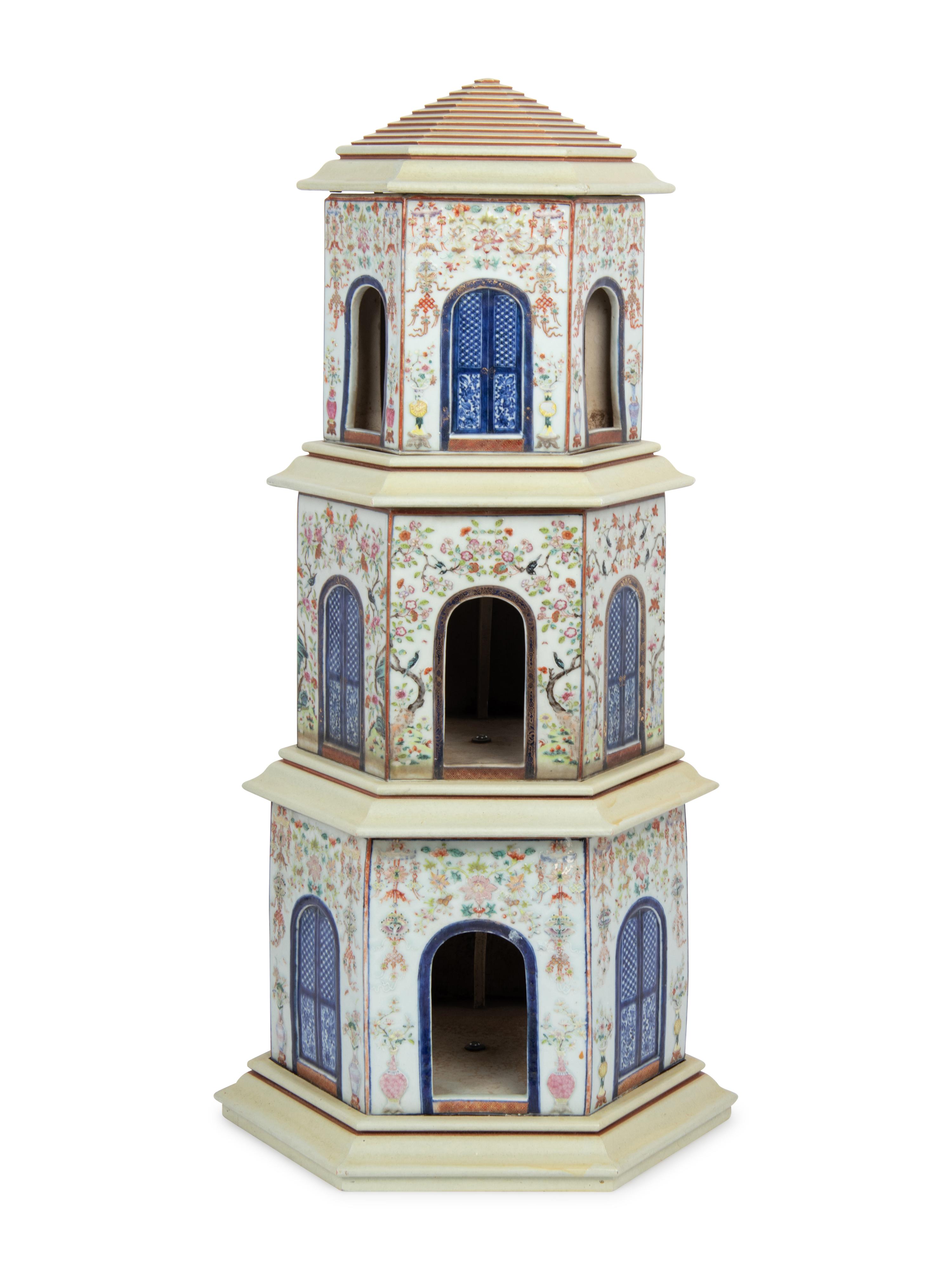 A Famille Rose Porcelain Three-Tier Pagoda