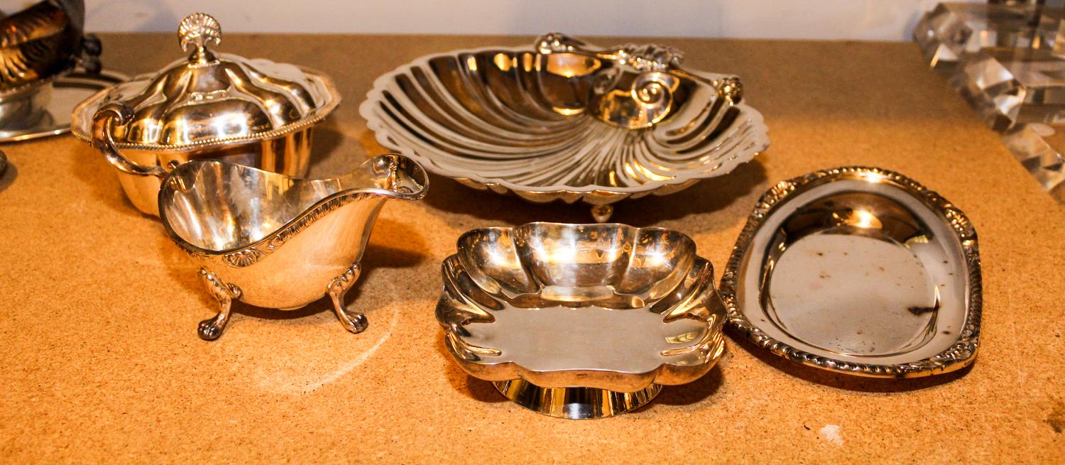 Nine Silver-Plate Table and Serving Articles Width of widest 10 1/4 inches.