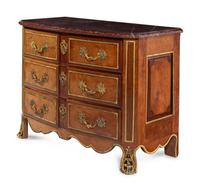 A Continental Gilt Bronze Mounted Mahogany Marble-Top Commode